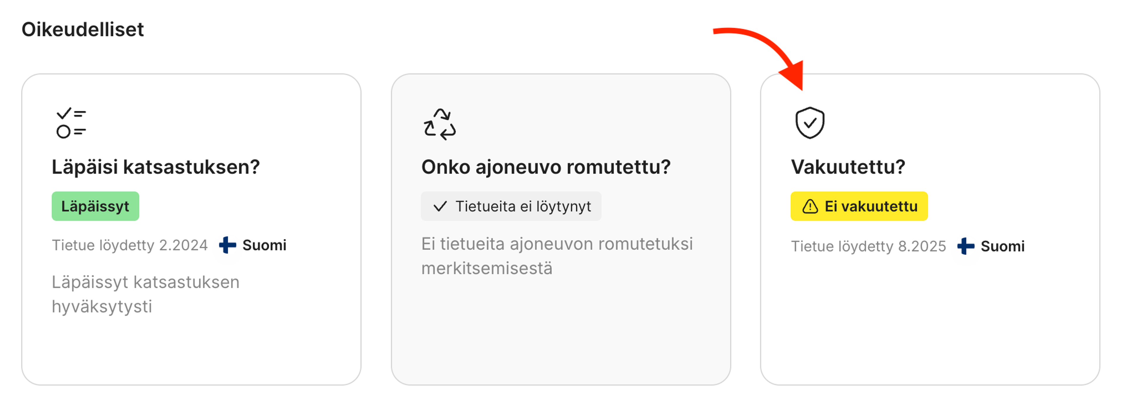 Vakuutuksen tarkistuskortti carVertical-raportissa