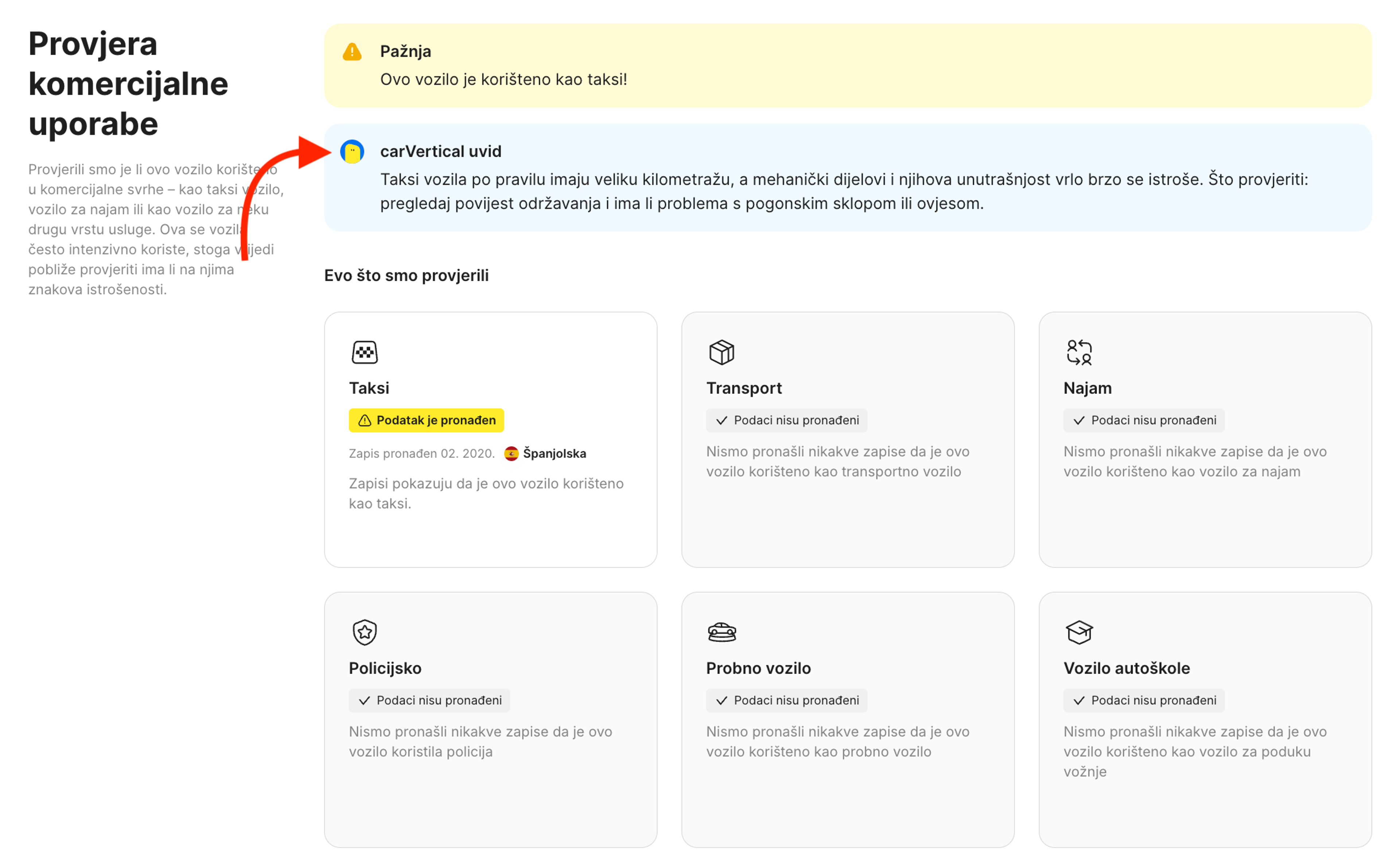 carVertical uvidi u odjeljku Provjera komercijalne uporabe