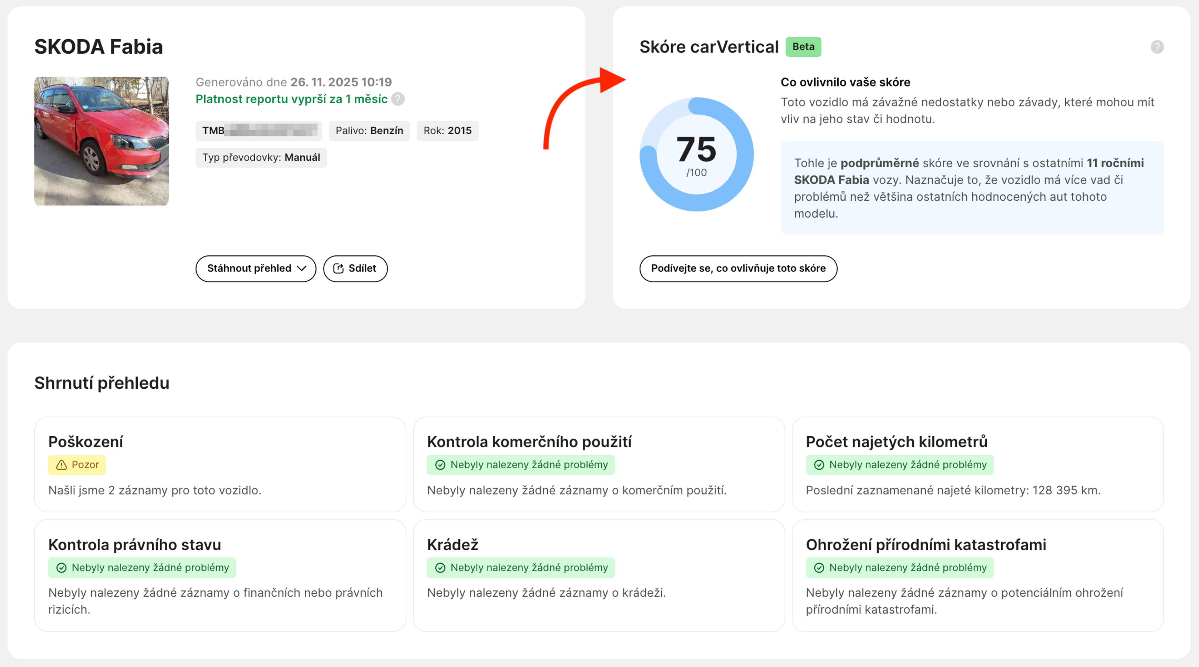 ukázka z přehledu zobrazující skóre carVertical