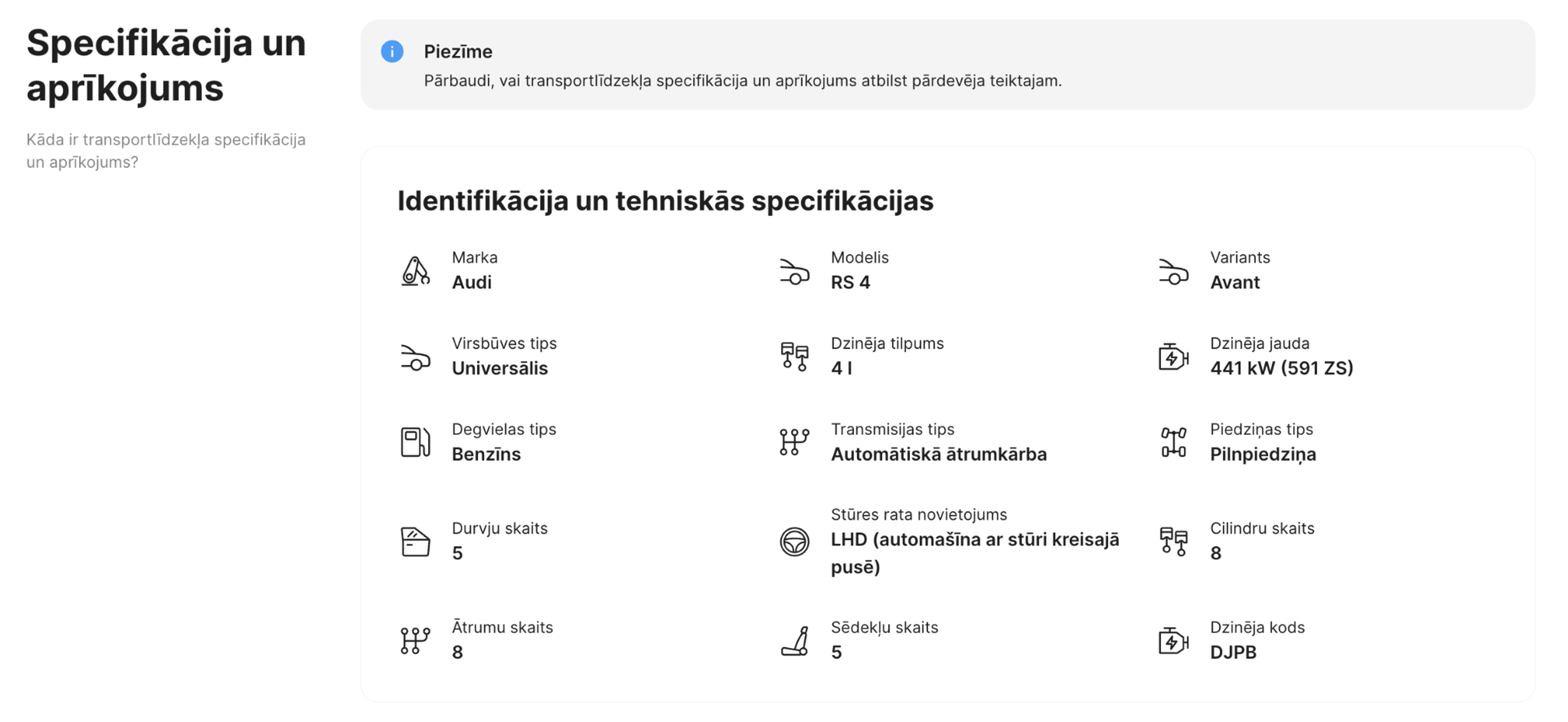 Specifikāciju un aprīkojuma sadaļa carVertical pārskatā