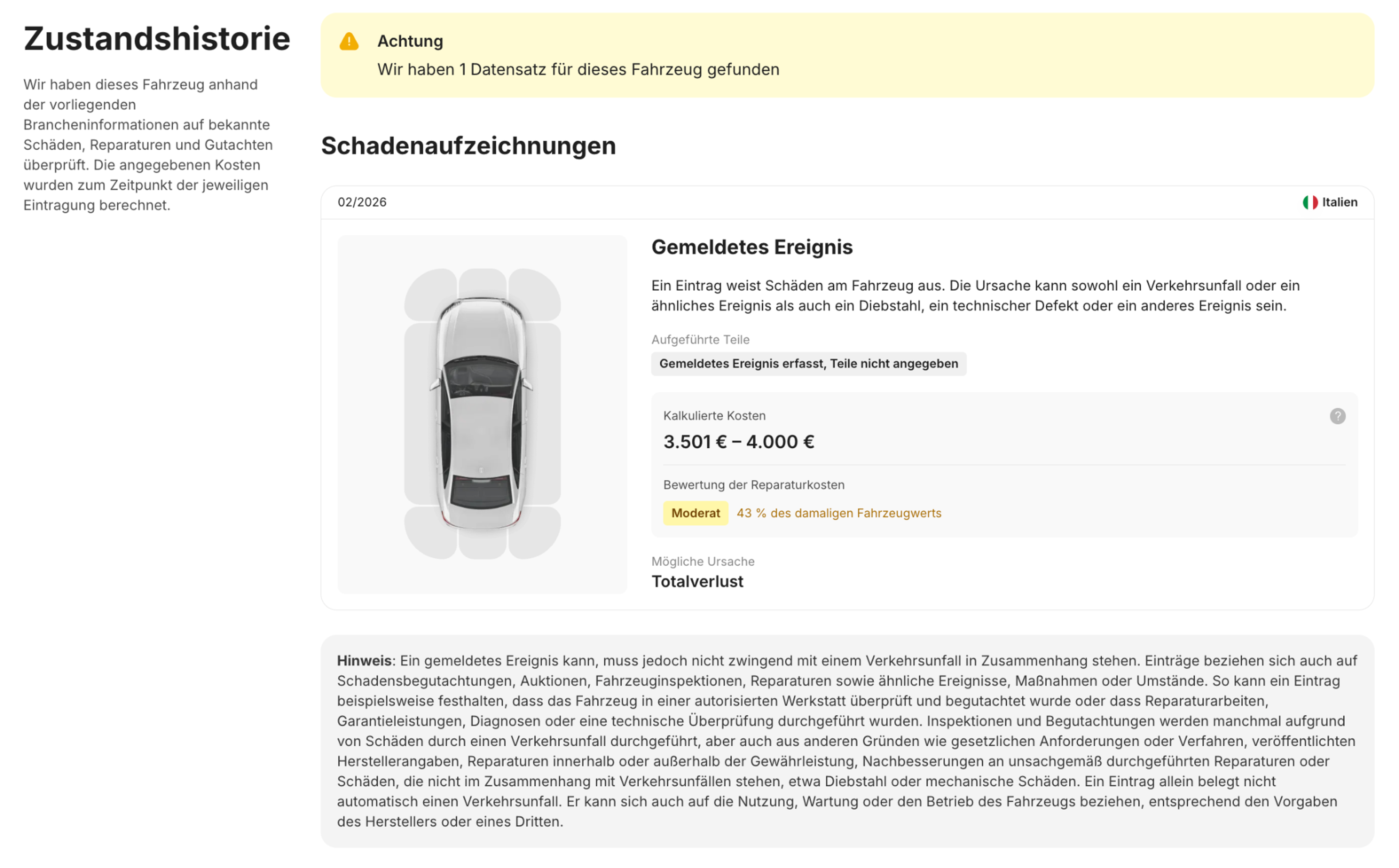 Schadensaufzeichnung aus Italien im carVertical-Bericht