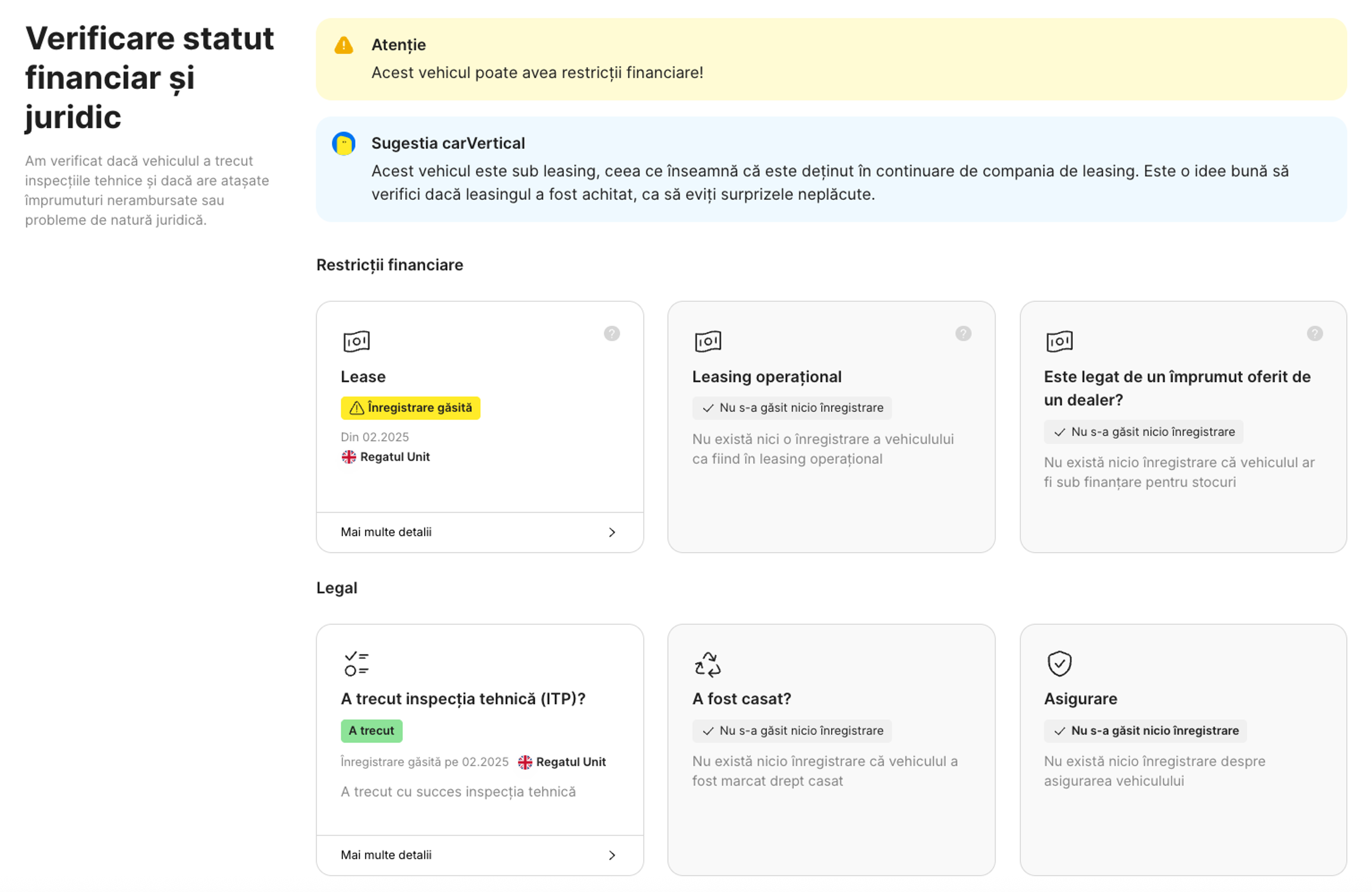secțiunea privind statutul financiar și juridic din raportul carVertical