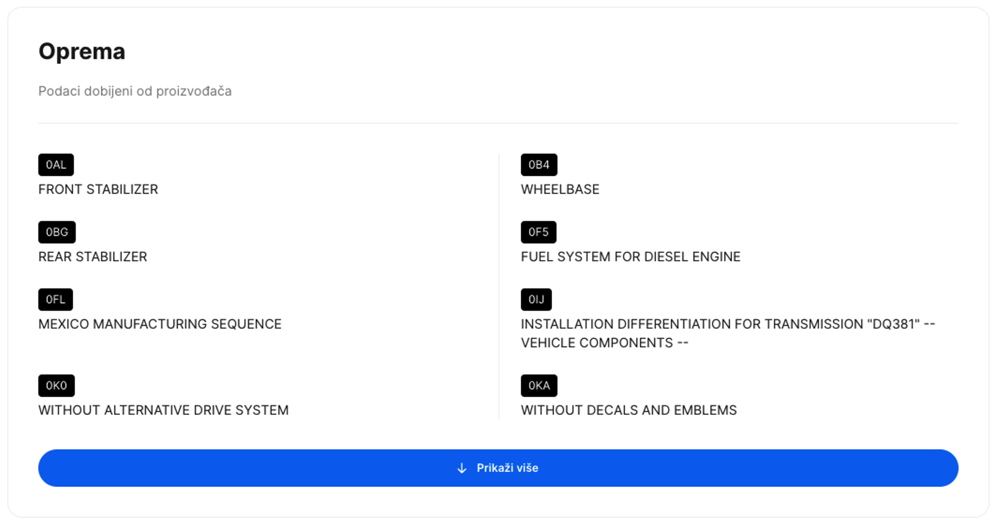 Oprema vozila prikazana u carVertical izveštaju