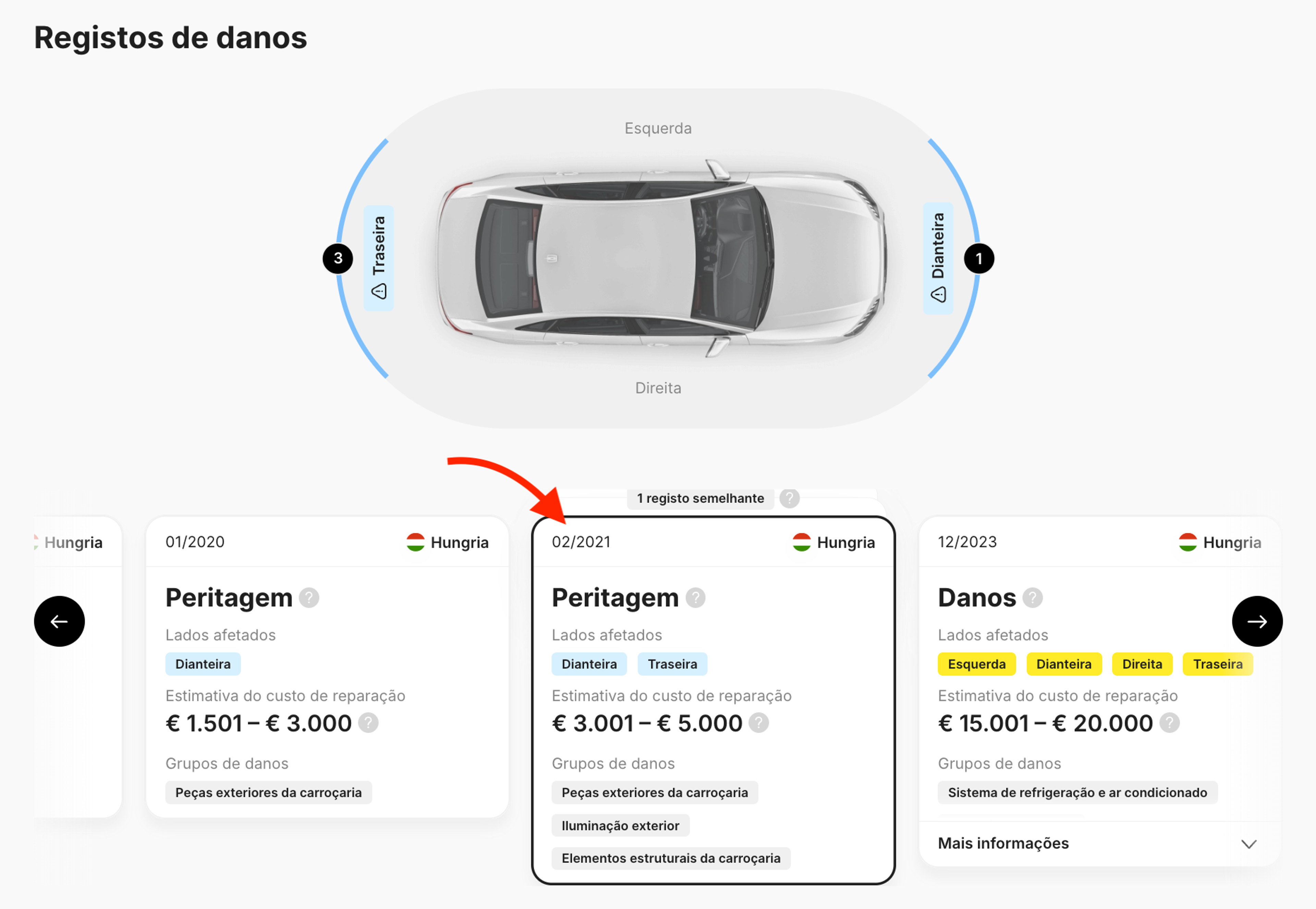 Cartões “Danos” e “Peritagem” num relatório da carVertical