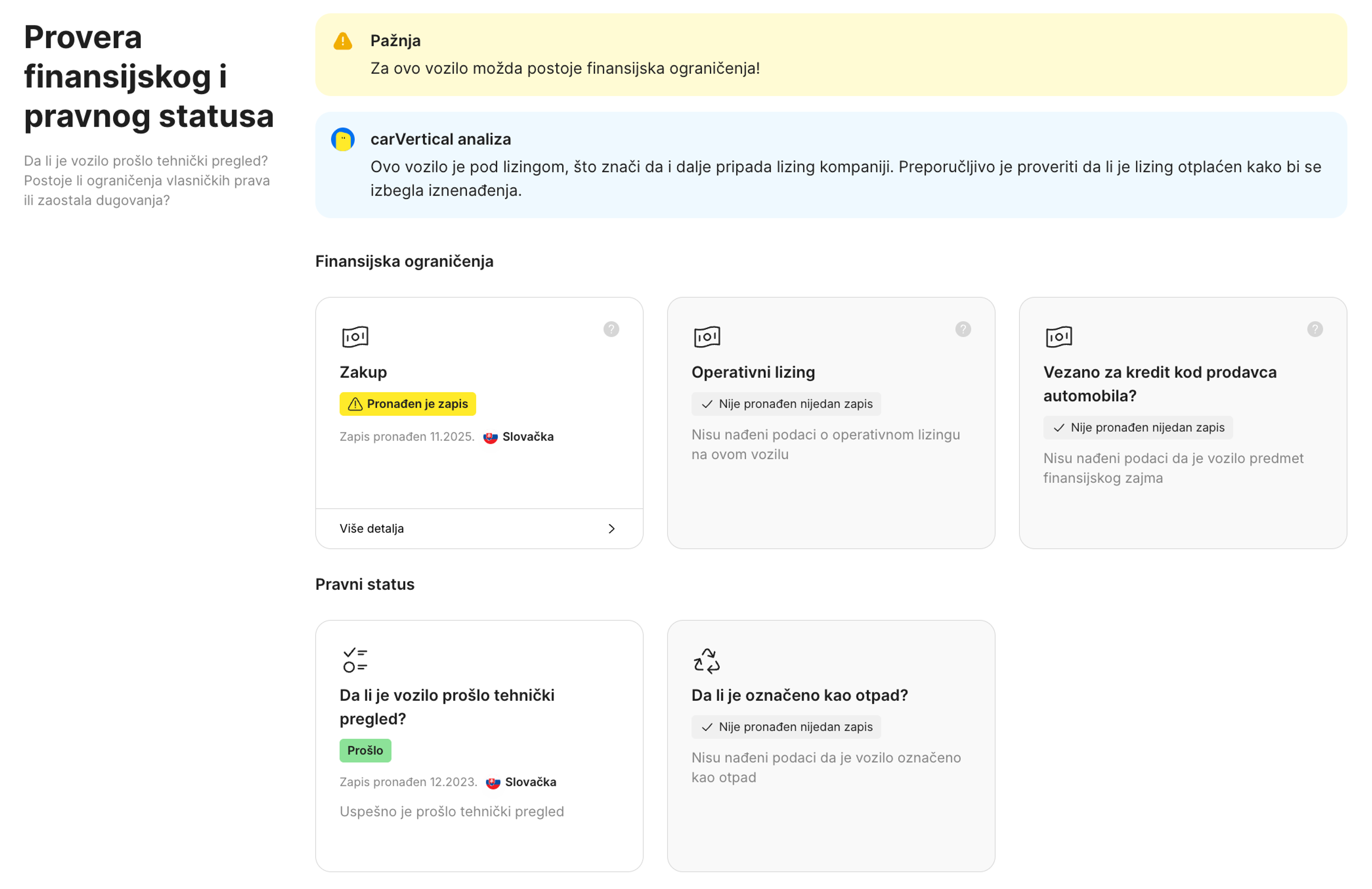 Funkcija finansijskog i pravnog statusa u carVertical izveštaju