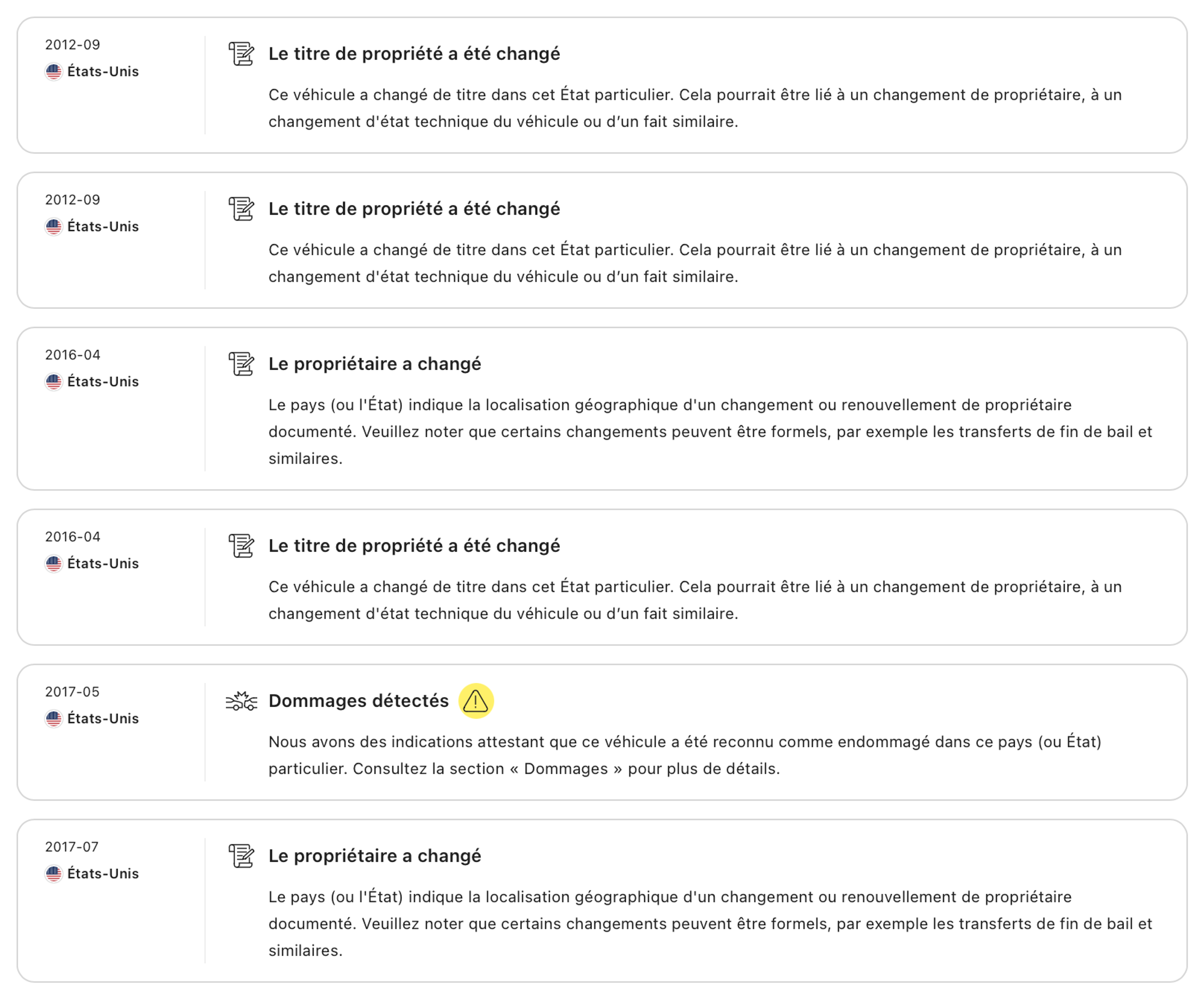 rapport de changement de propriétaire, rapport chronologique du véhicule