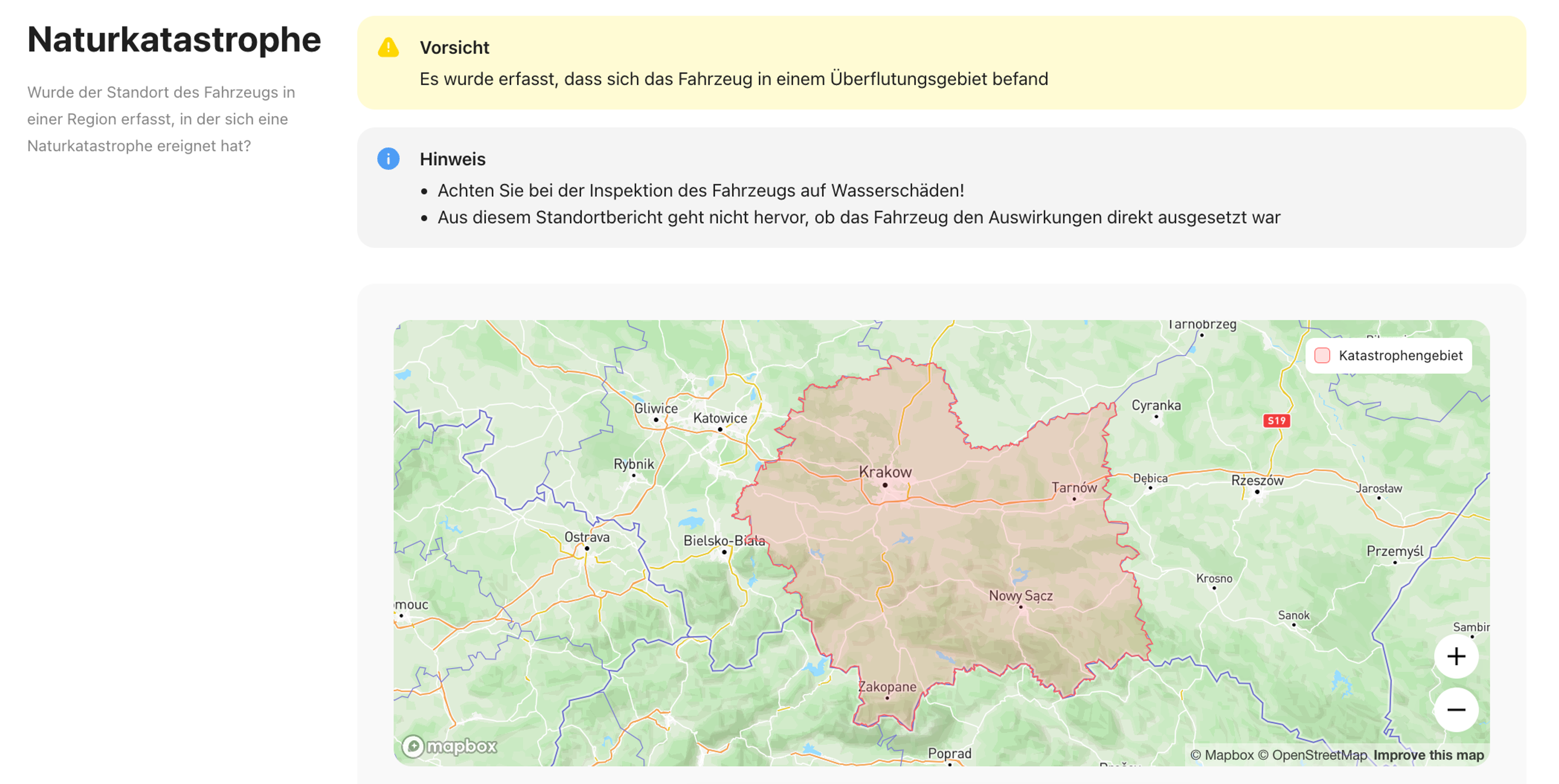 Überschwemmungsaufzeichnung im Fahrzeugverlaufsbericht von carVertical gefunden