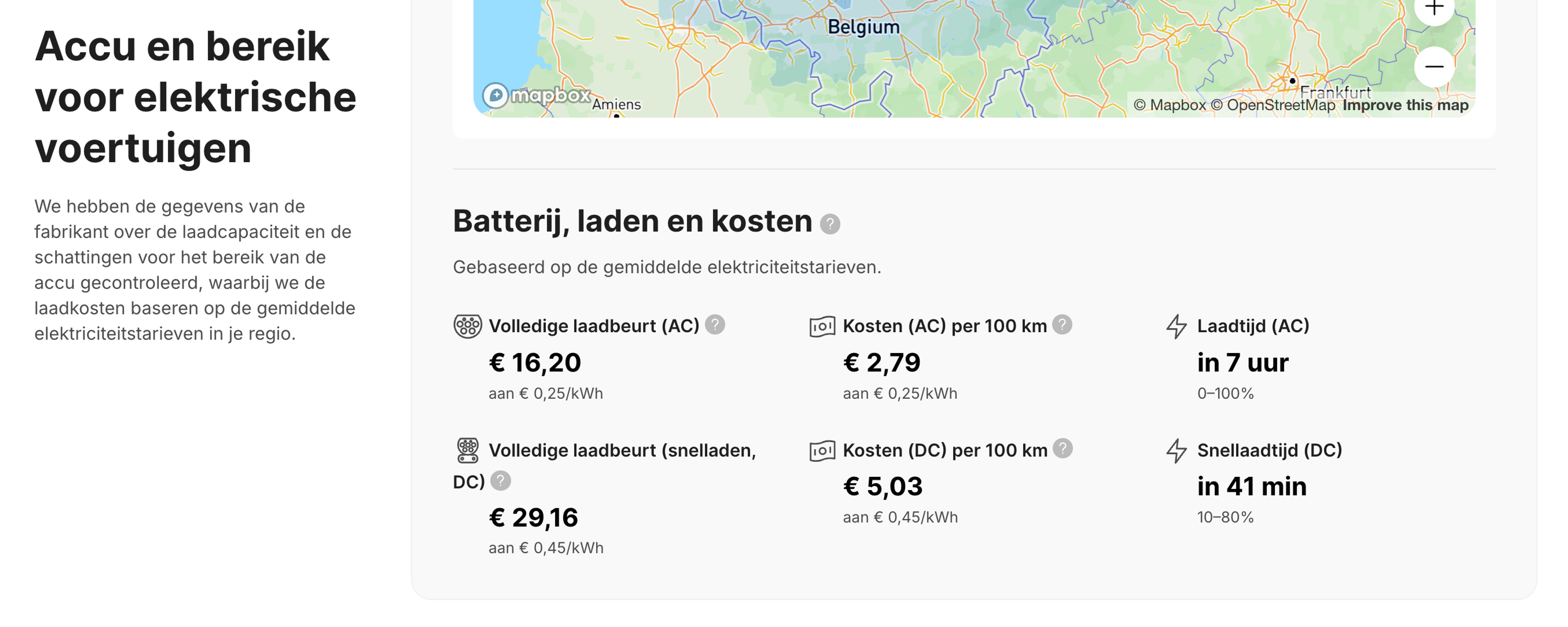 Schattingen van de laadtijd en -kosten van elektrische auto's in het voertuigrapport.