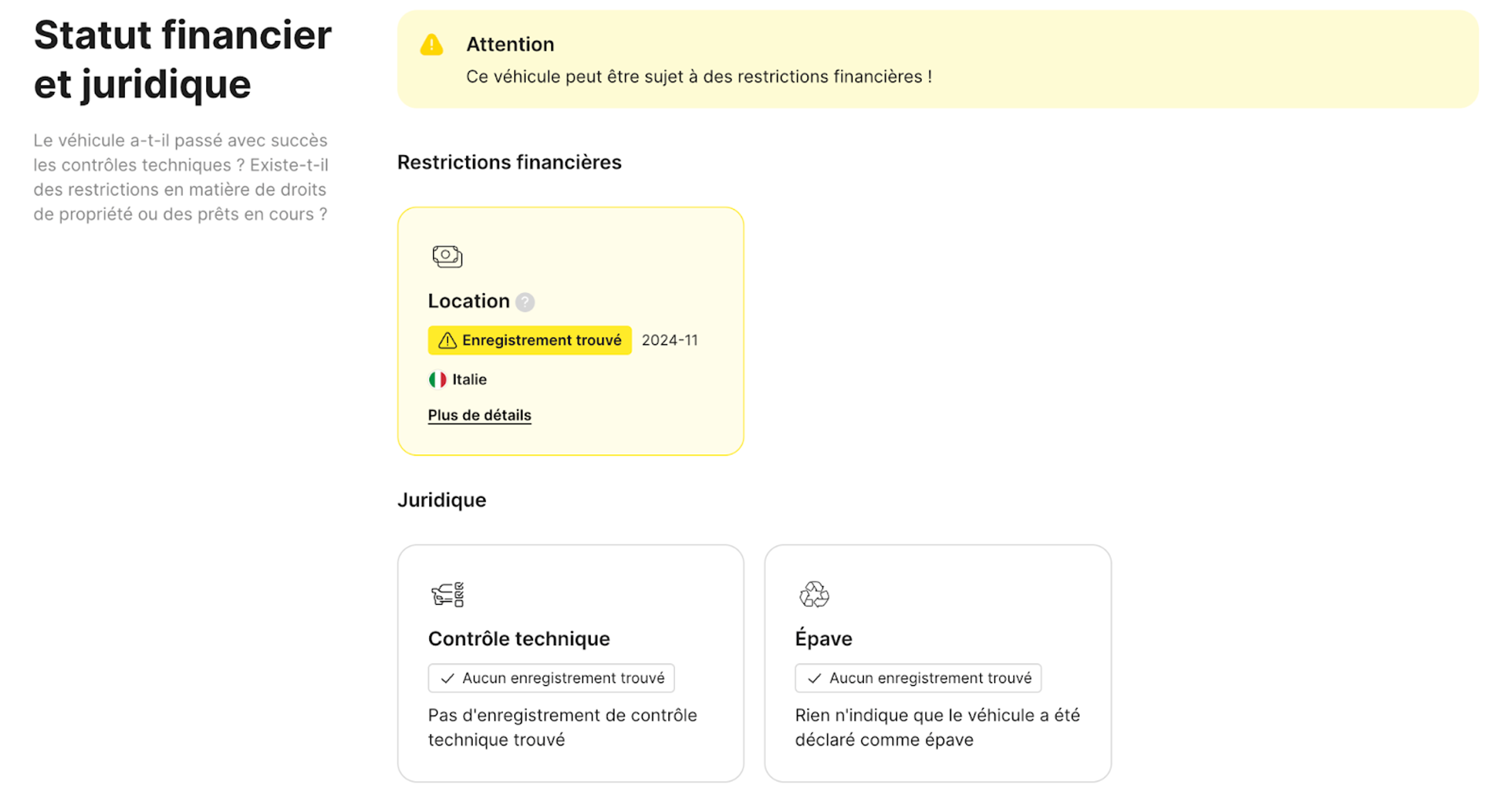 Alerte sur le statut financier d’un véhicule dans un rapport d’historique de carVertical