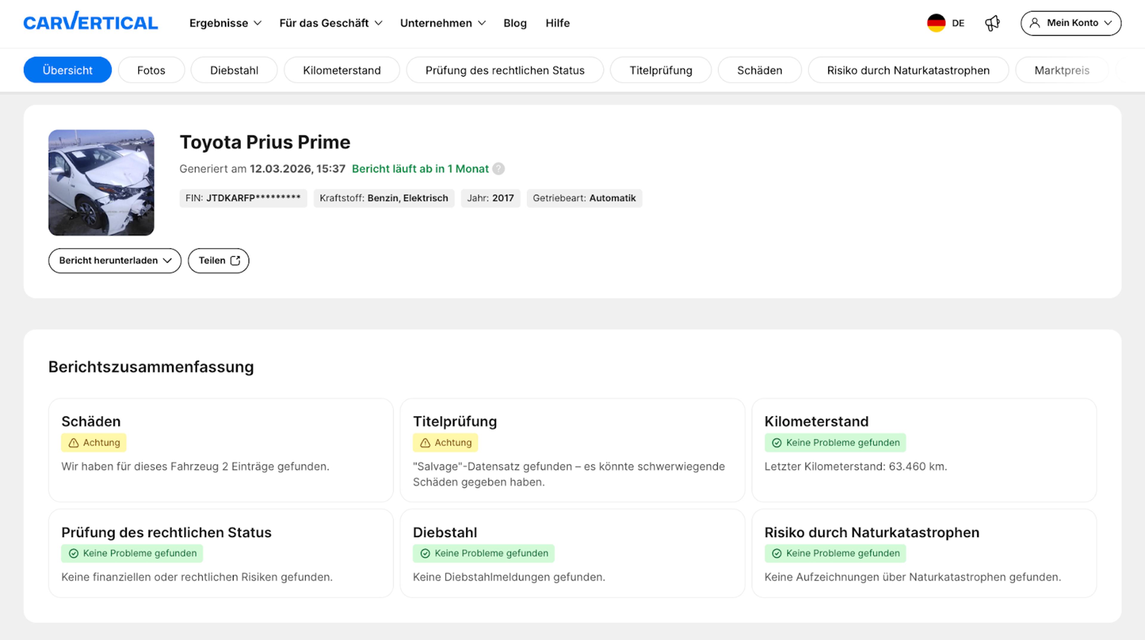 Zusammenfassung eines carVertical-Berichts im oberen Bereich