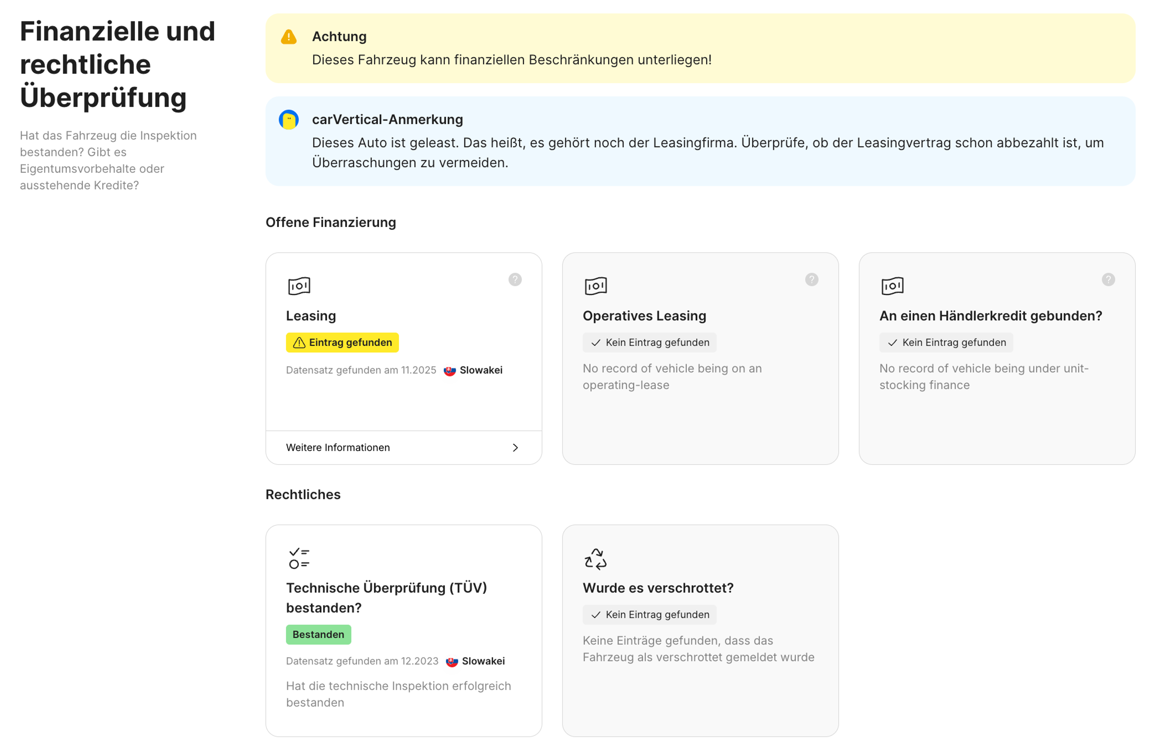 Funktion zum finanziellen und rechtlichen Status im carVertical-Bericht