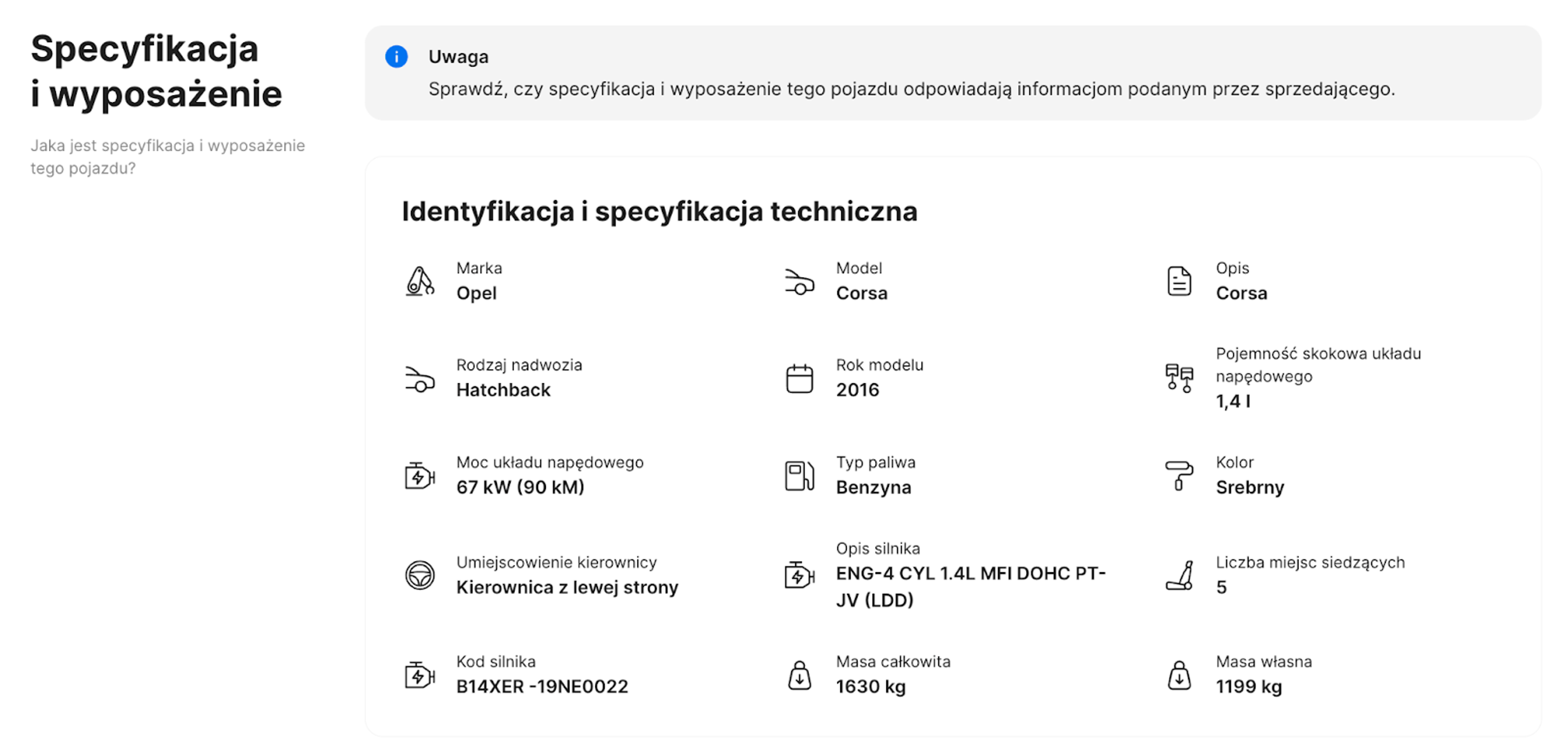 Sekcja "Specyfikacje i wyposażenie" w raporcie carVertical