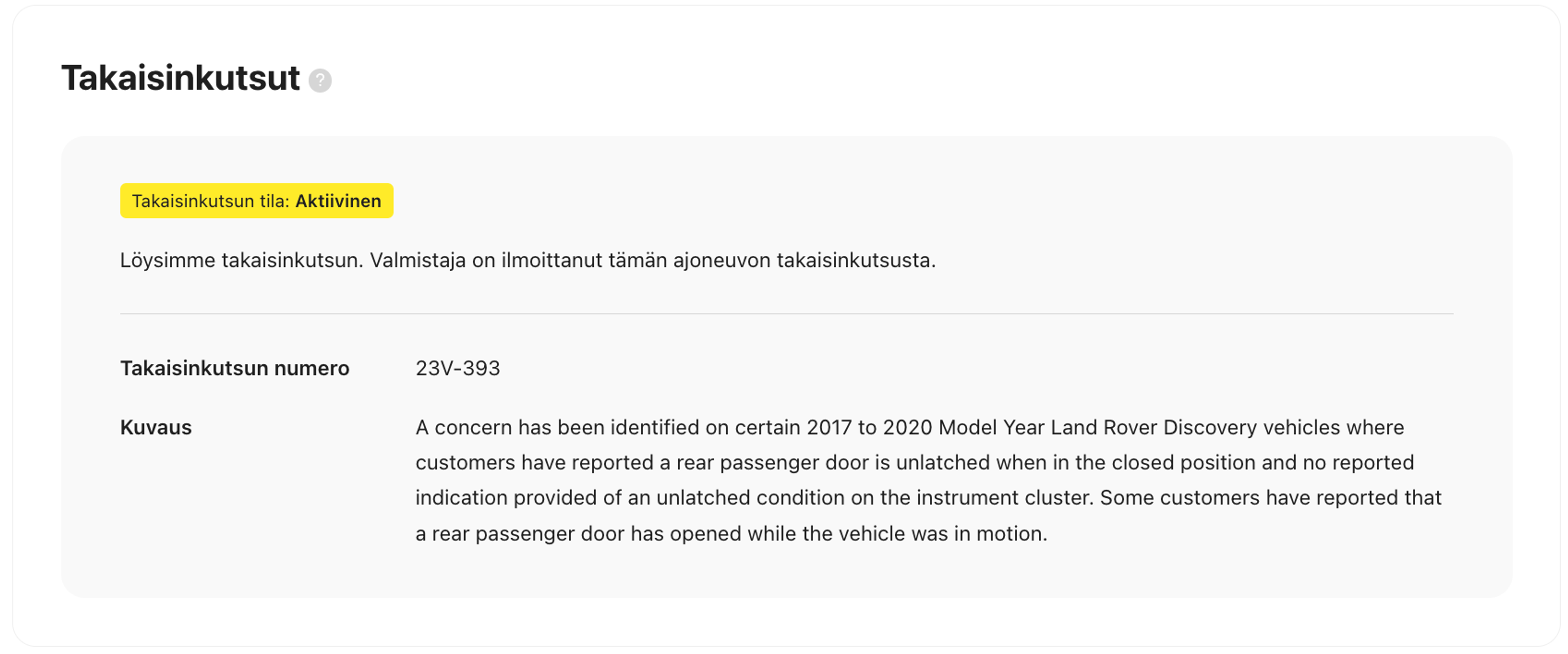 Aktiivinen auton takaisinkutsu Turvallisuus-osiossa