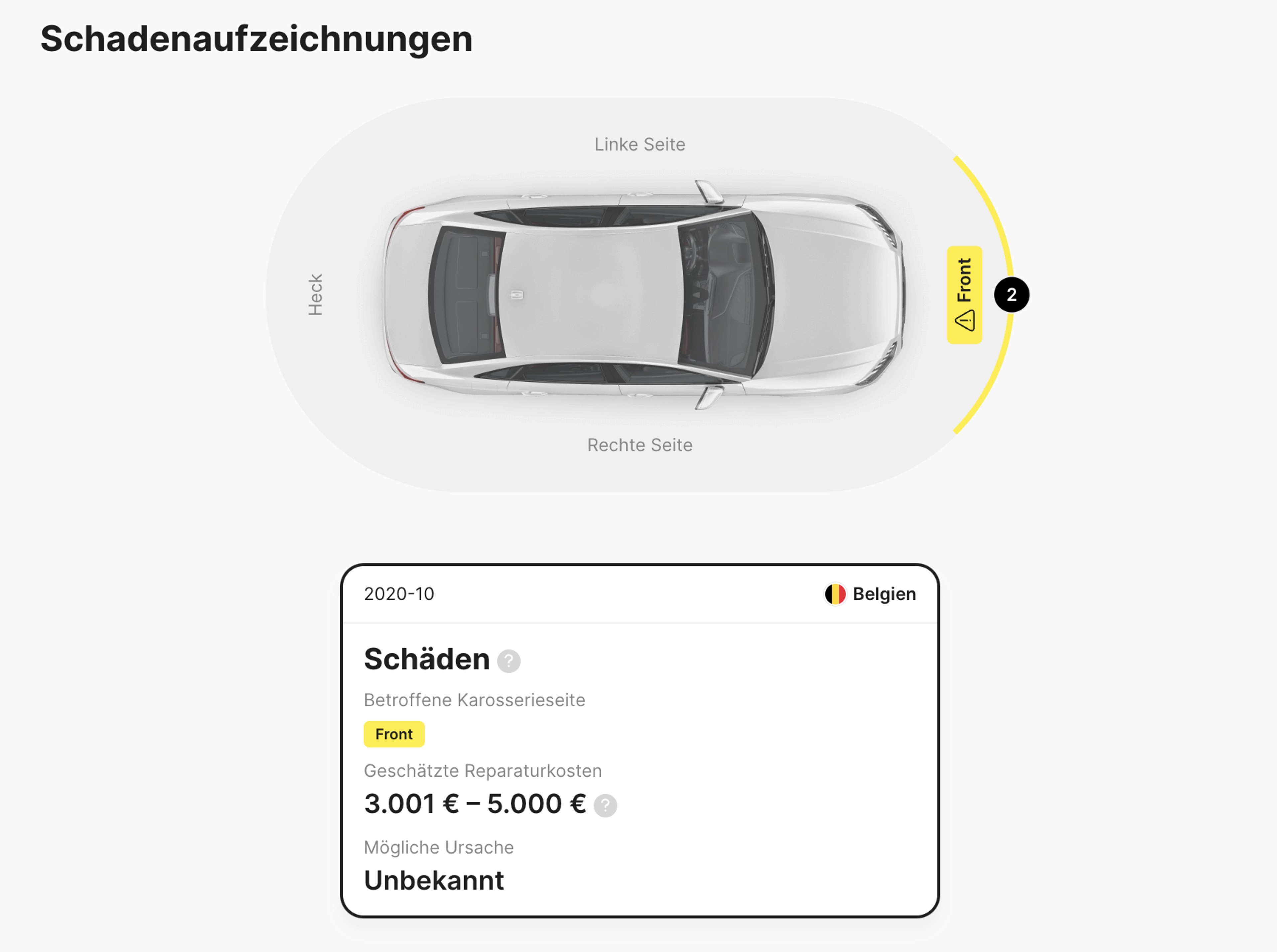 Schadensaufzeichnung, die auf einen Unfall im Oktober 2020 hinweist