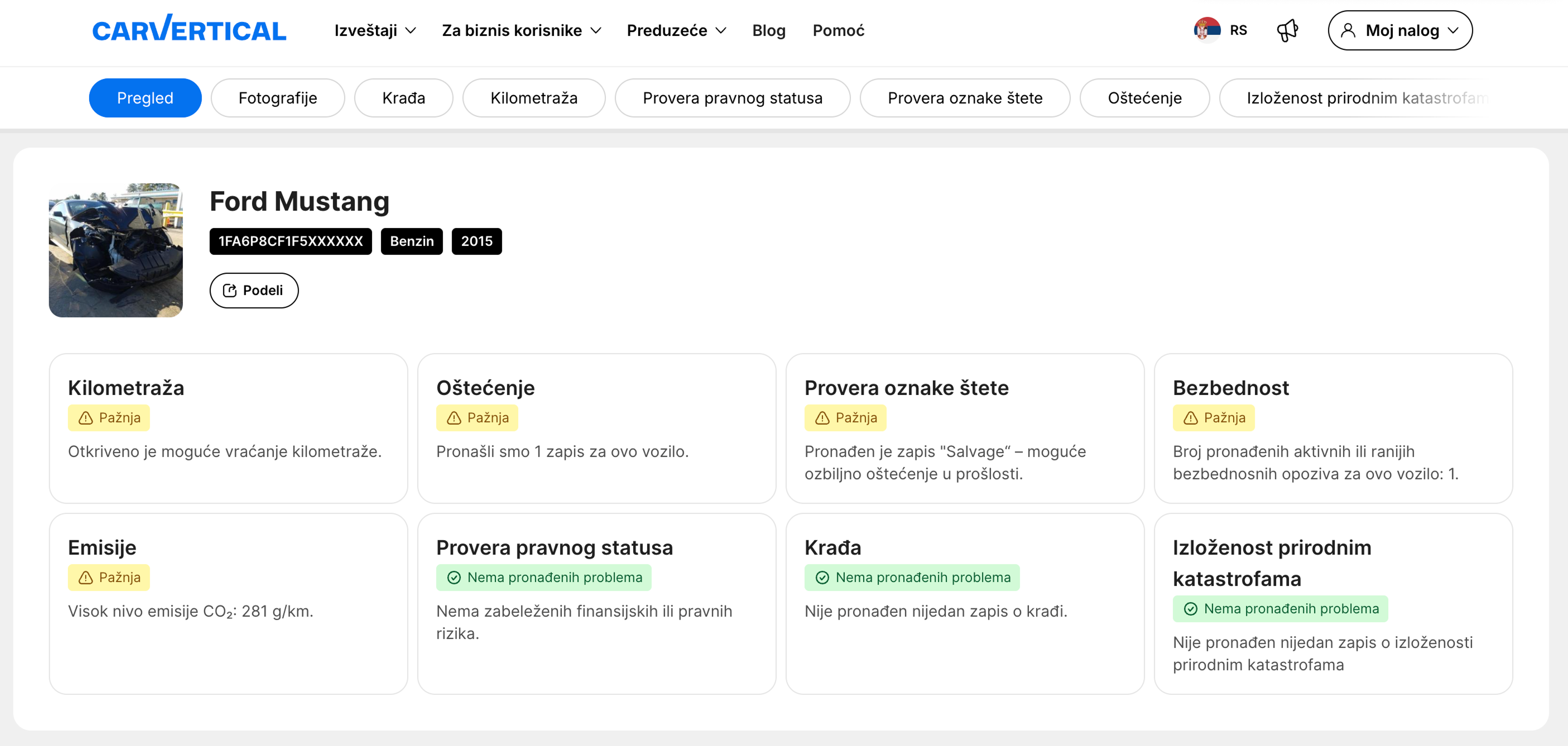 primer carVertical izveštaja