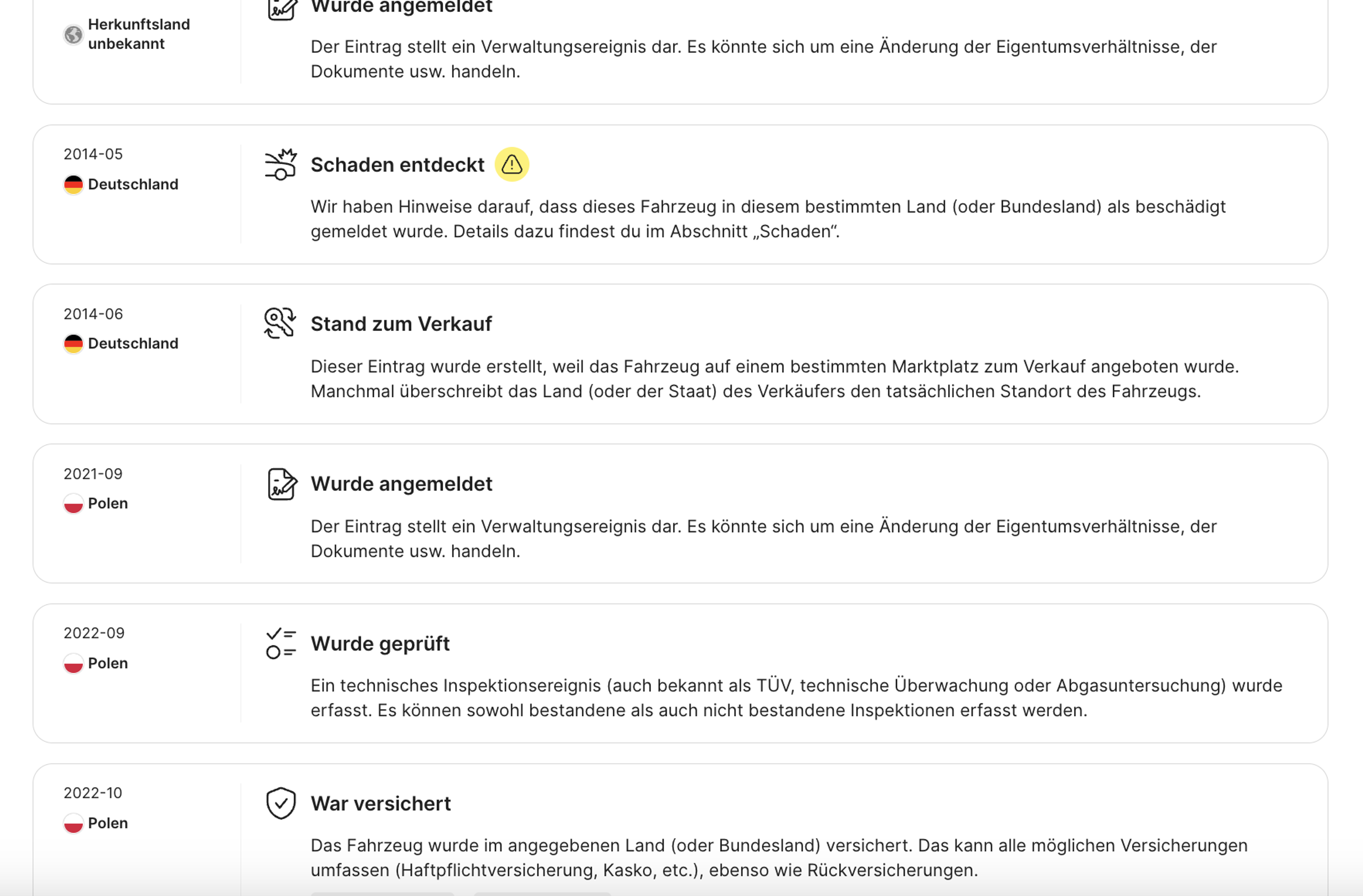 Datensätze im Zeitleistenabschnitt des carVertical-Berichts