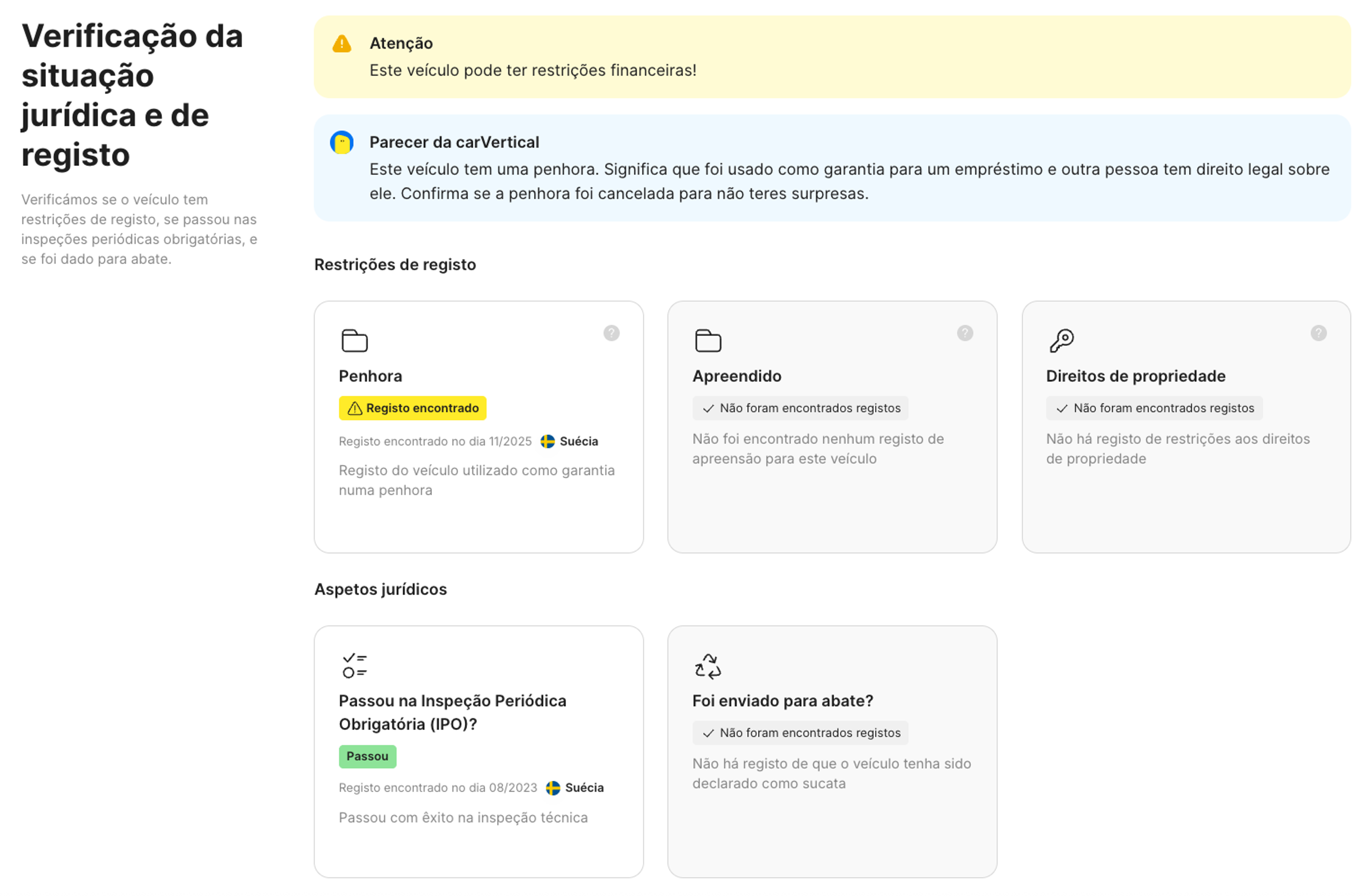 verificação do registo e da situação legal do veículo