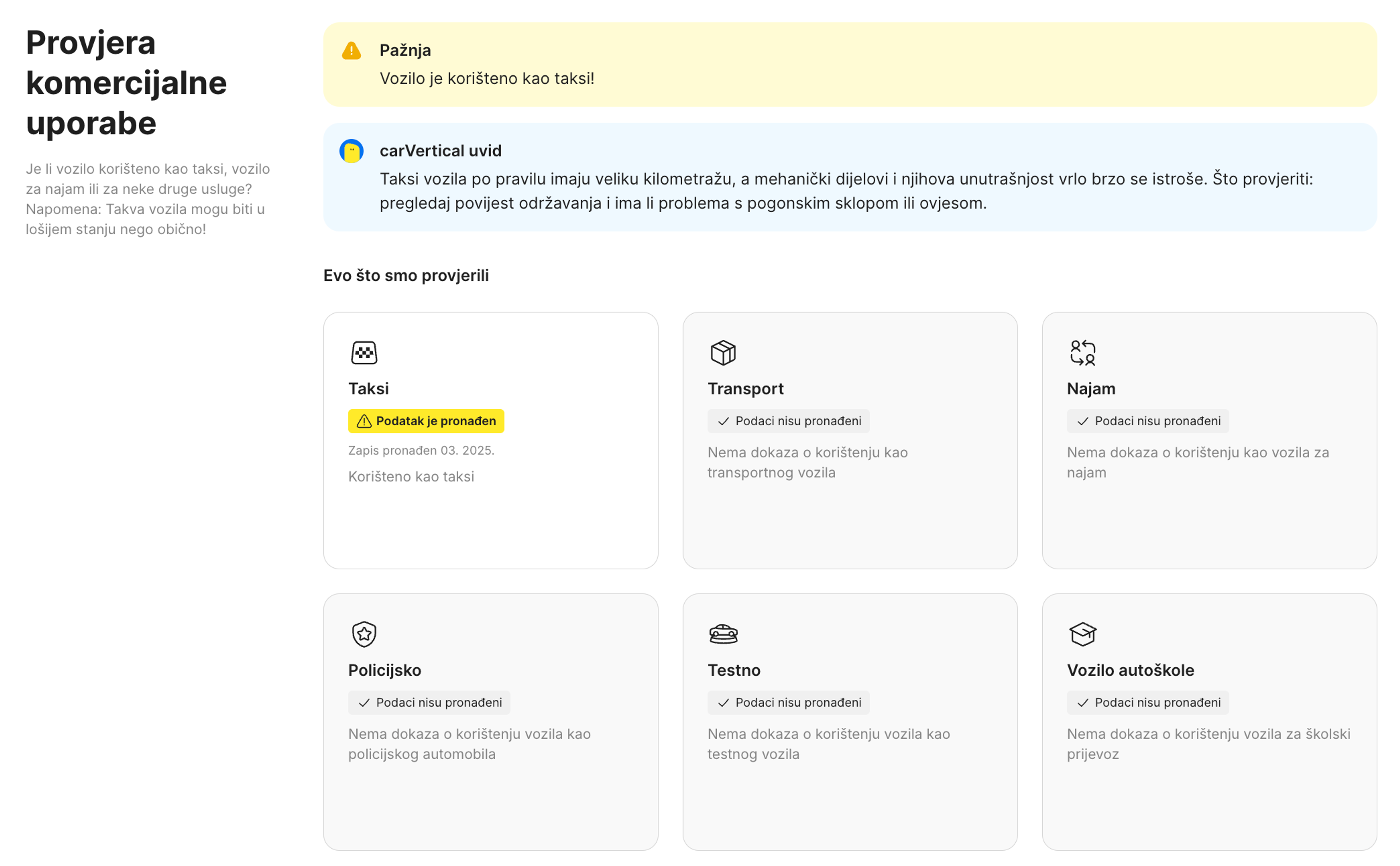 Izgled odjeljka Provjera komercijalne uporabe u carVertical izvješću