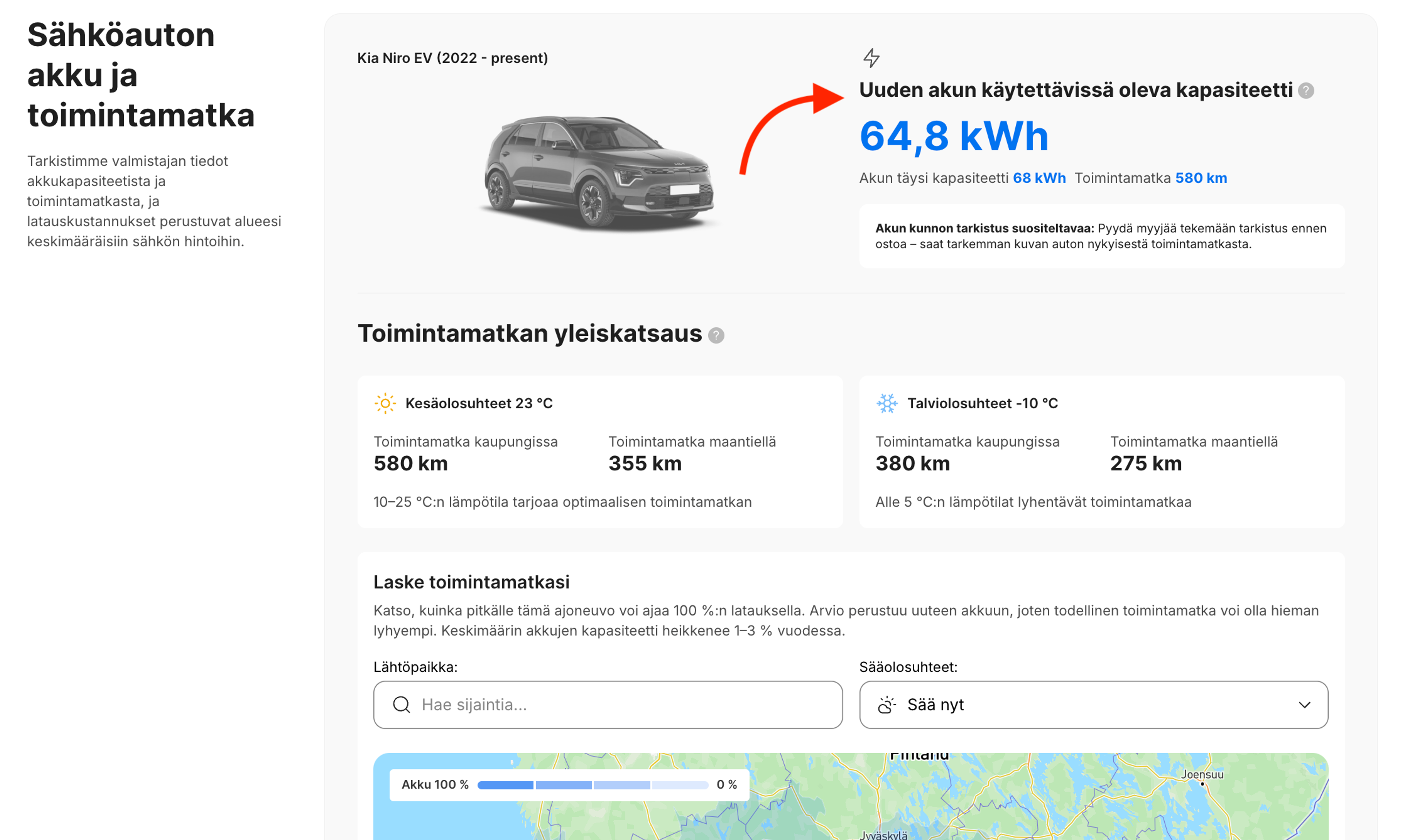 Sähköauton akun kapasiteetti ja arvioitu toimintamatka raportin sähköauton akku- ja toimintamatkaosiossa