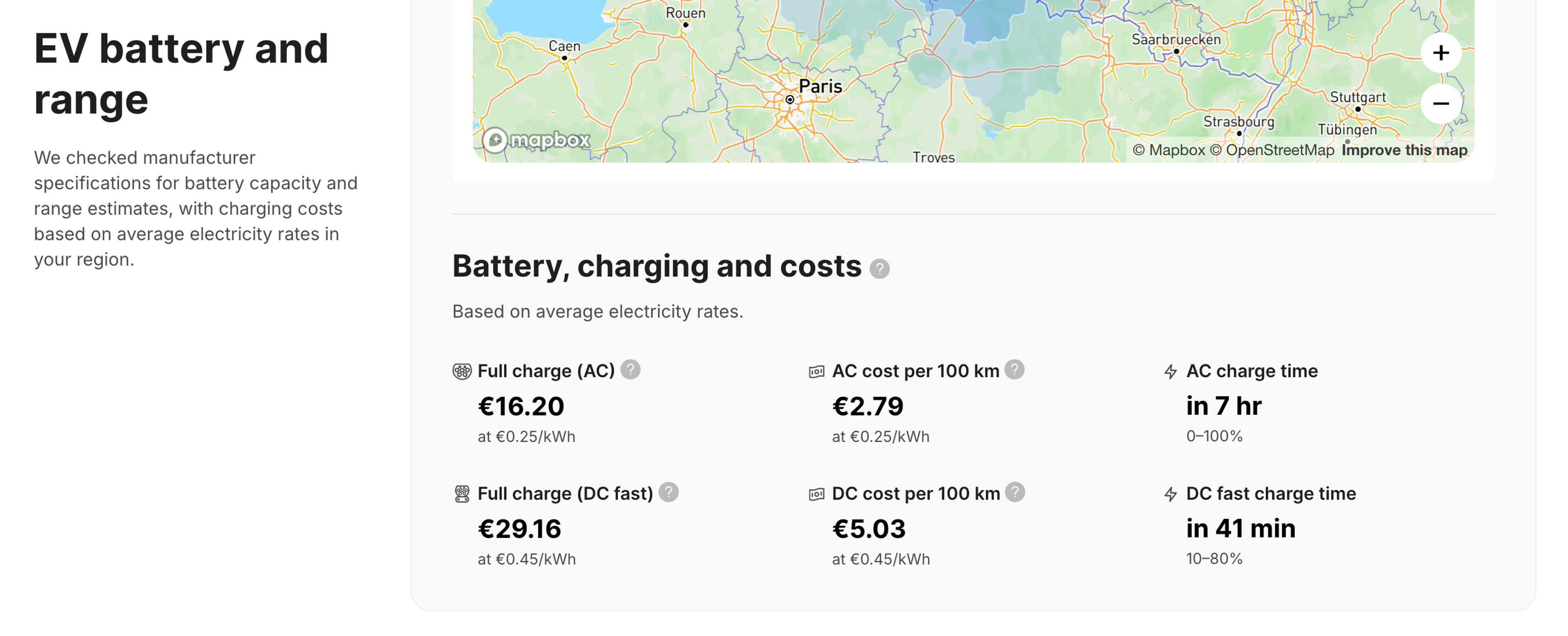 EV charging time and cost estimates in the vehicle report