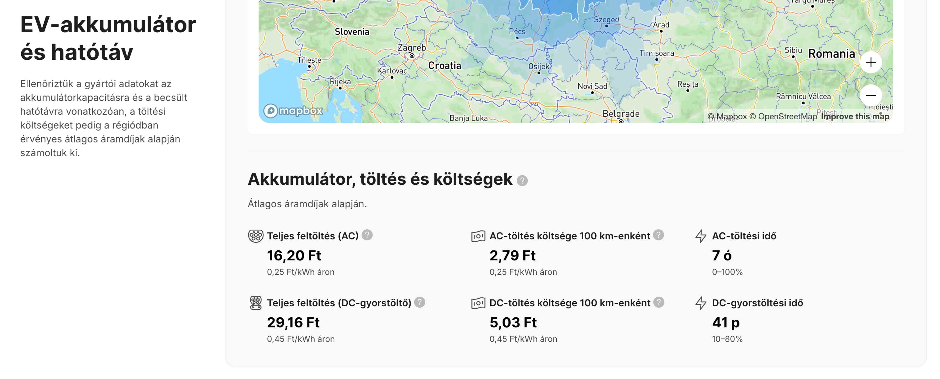 Az elektromos autó töltési idejére és költségeire vonatkozó becslések a járműtörténeti jelentésben