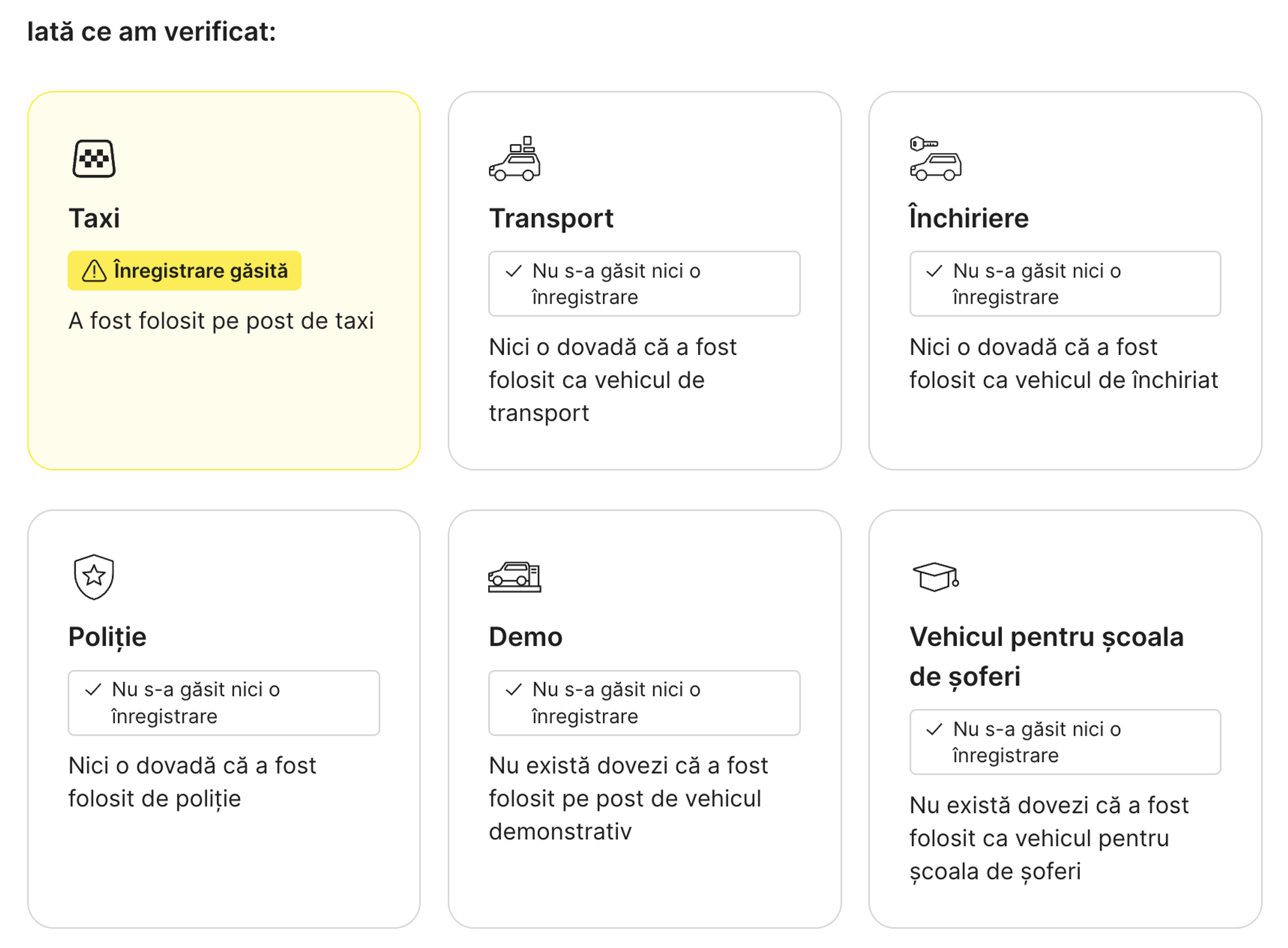 înregistrarea taxiului găsită în raportul „carVertical”.