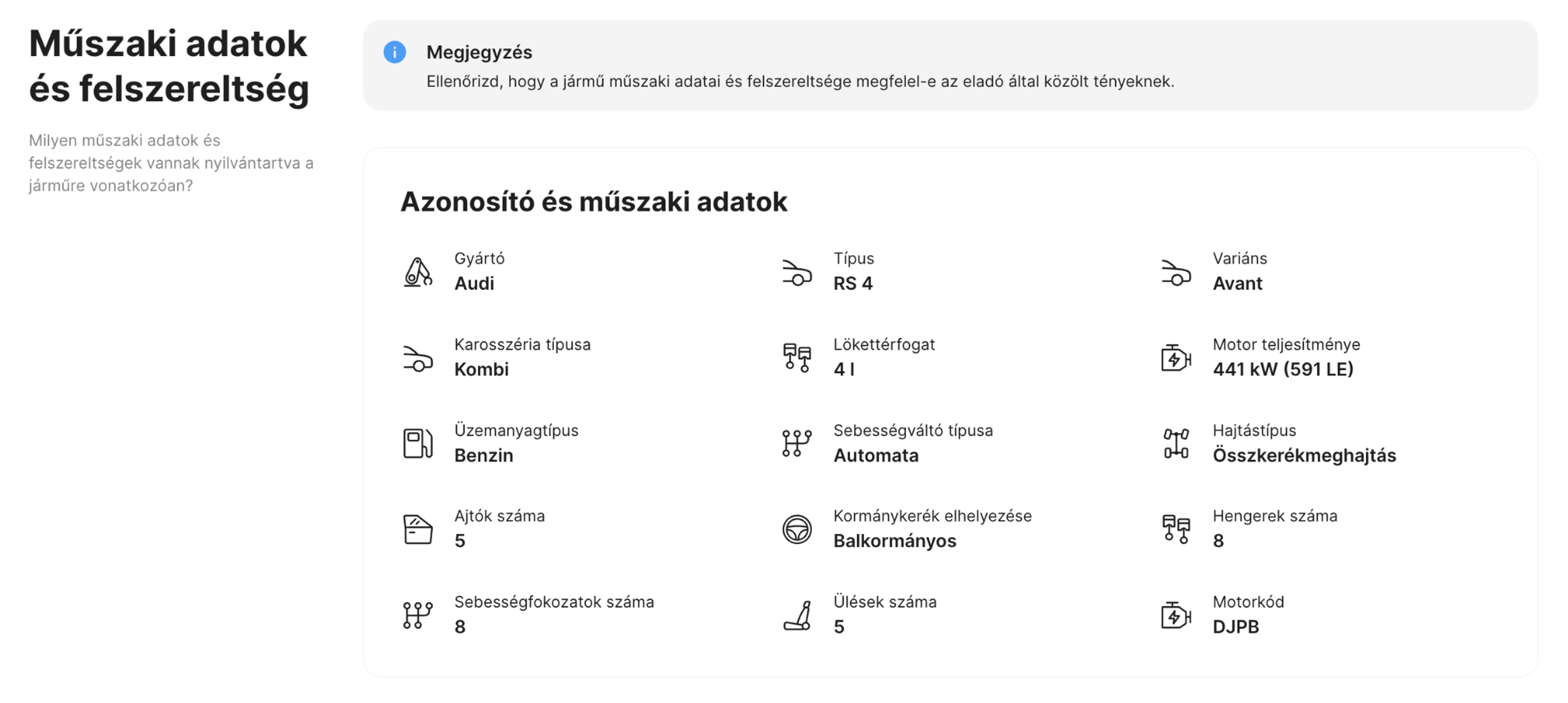 Specifikációk és felszereltség rész a carVertical jelentésben
