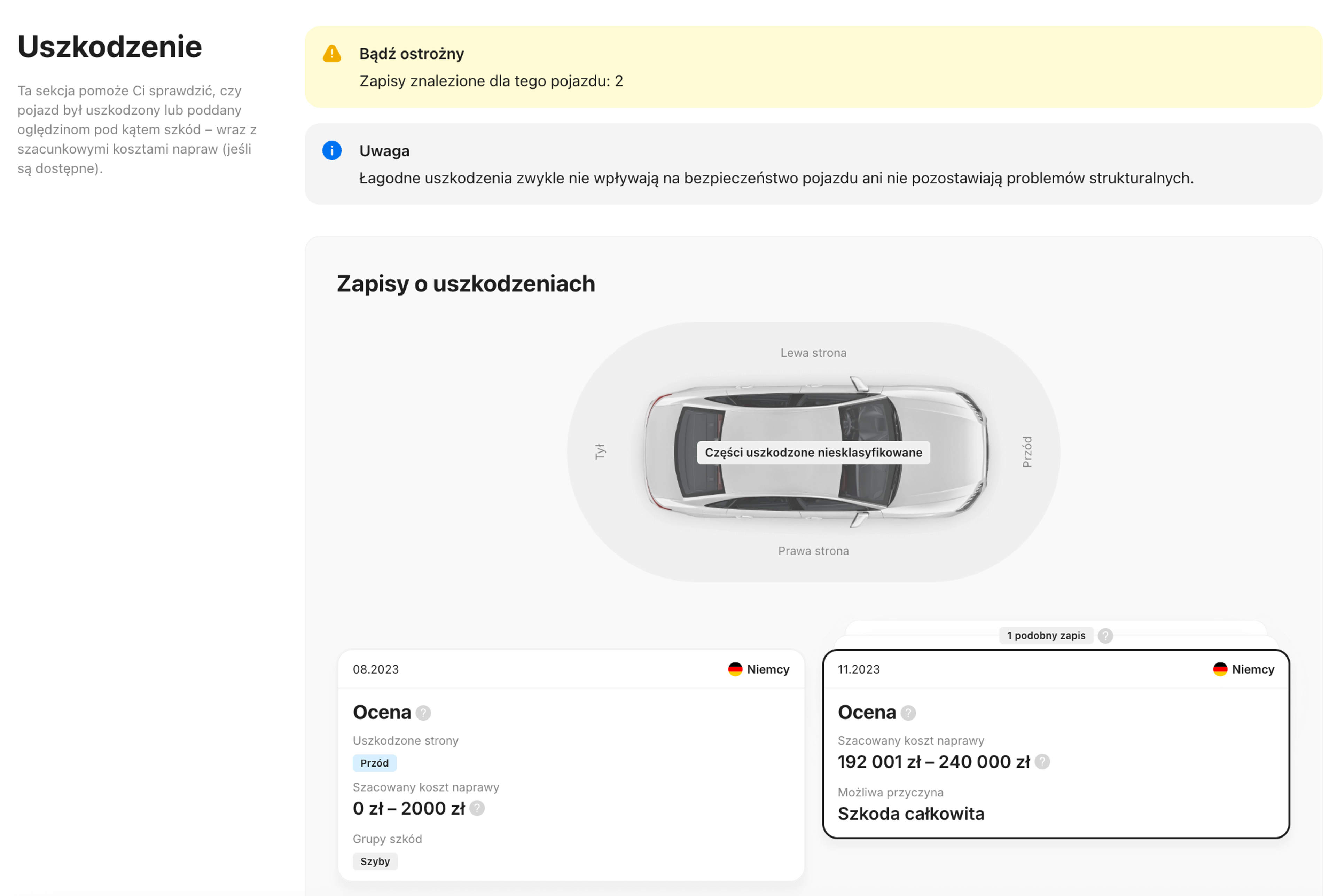 Sekcja Uszkodzenia w raporcie historii pojazdu dla Seata Ateki.
