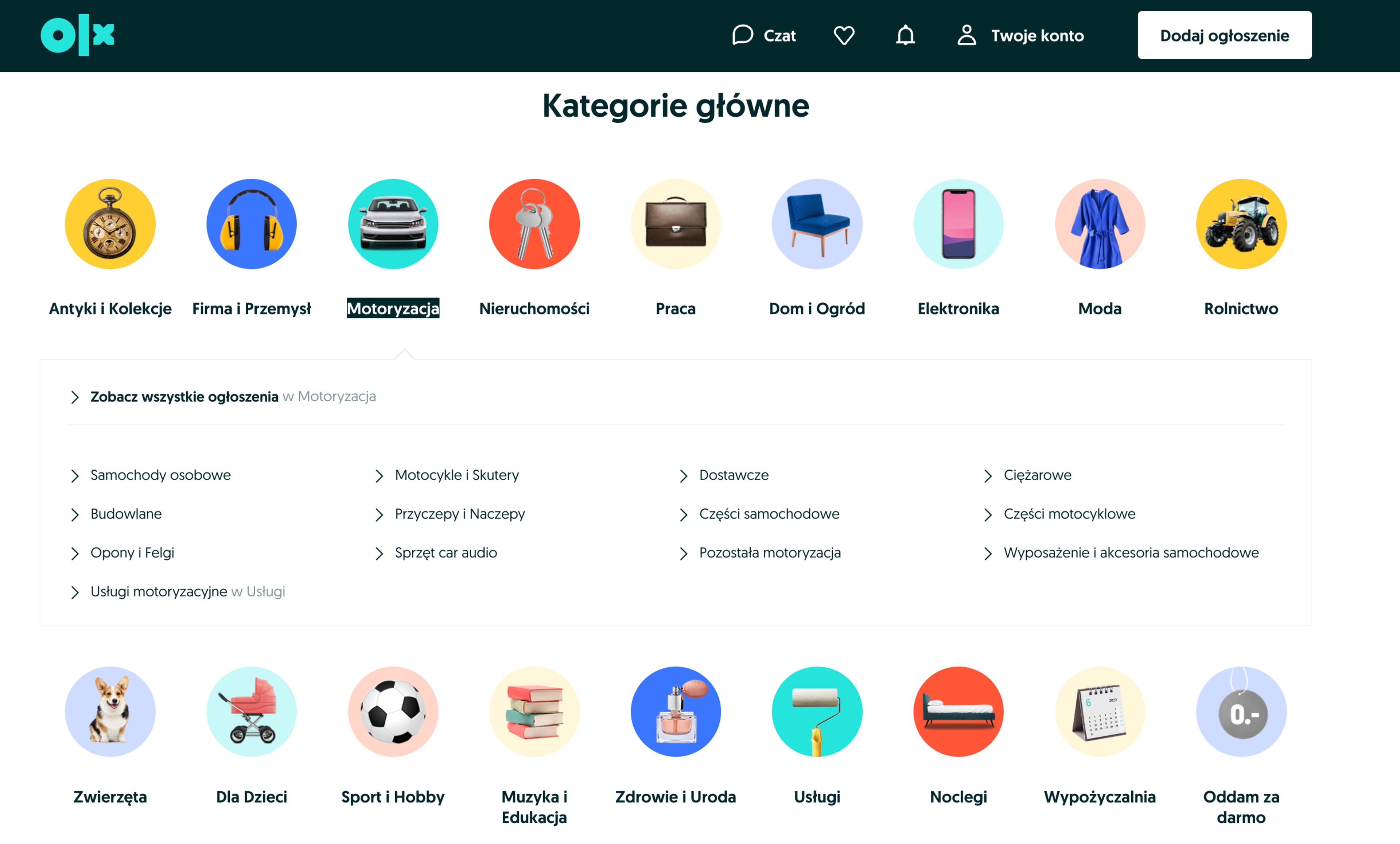 Kategoria motoryzacyjna na stronie OLX 