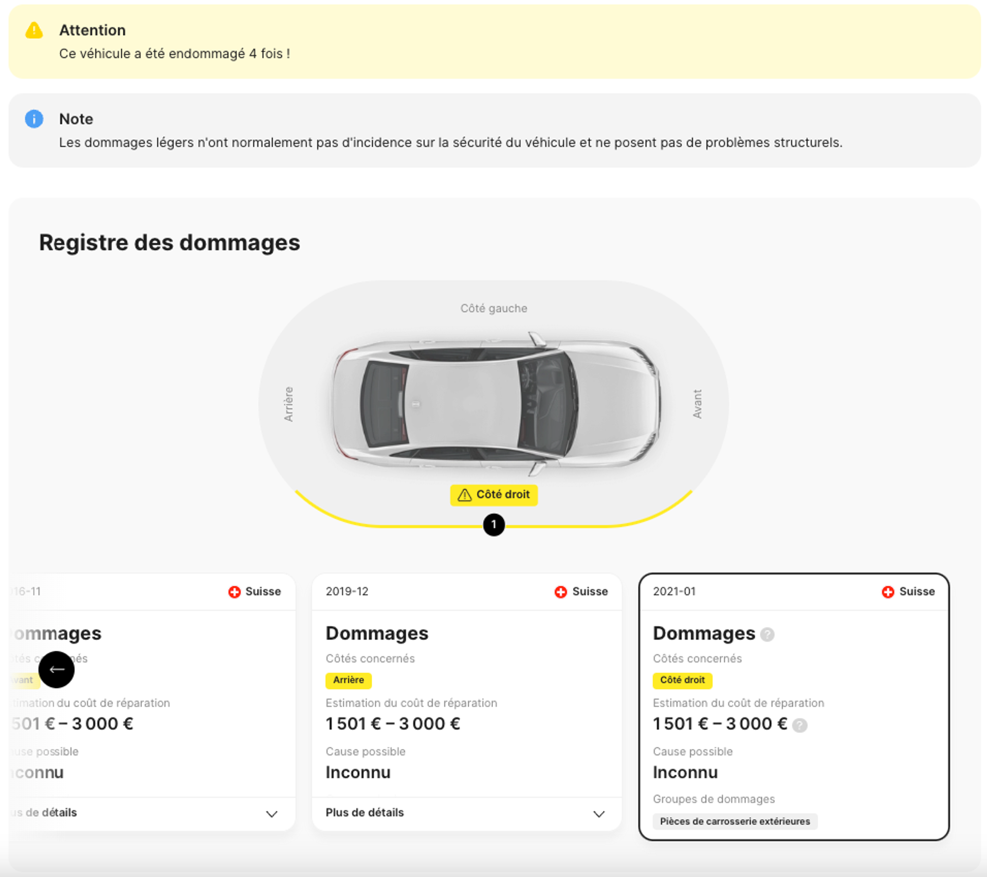 Section « Dommages » dans un rapport carVertical