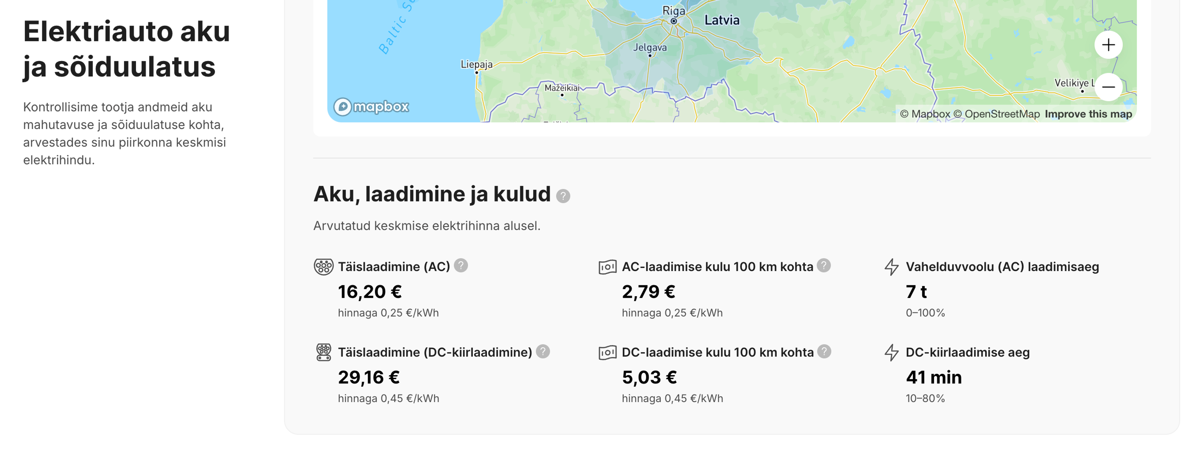 Elektriauto laadimisaeg ja hinnangulised kulud sõiduki aruandes