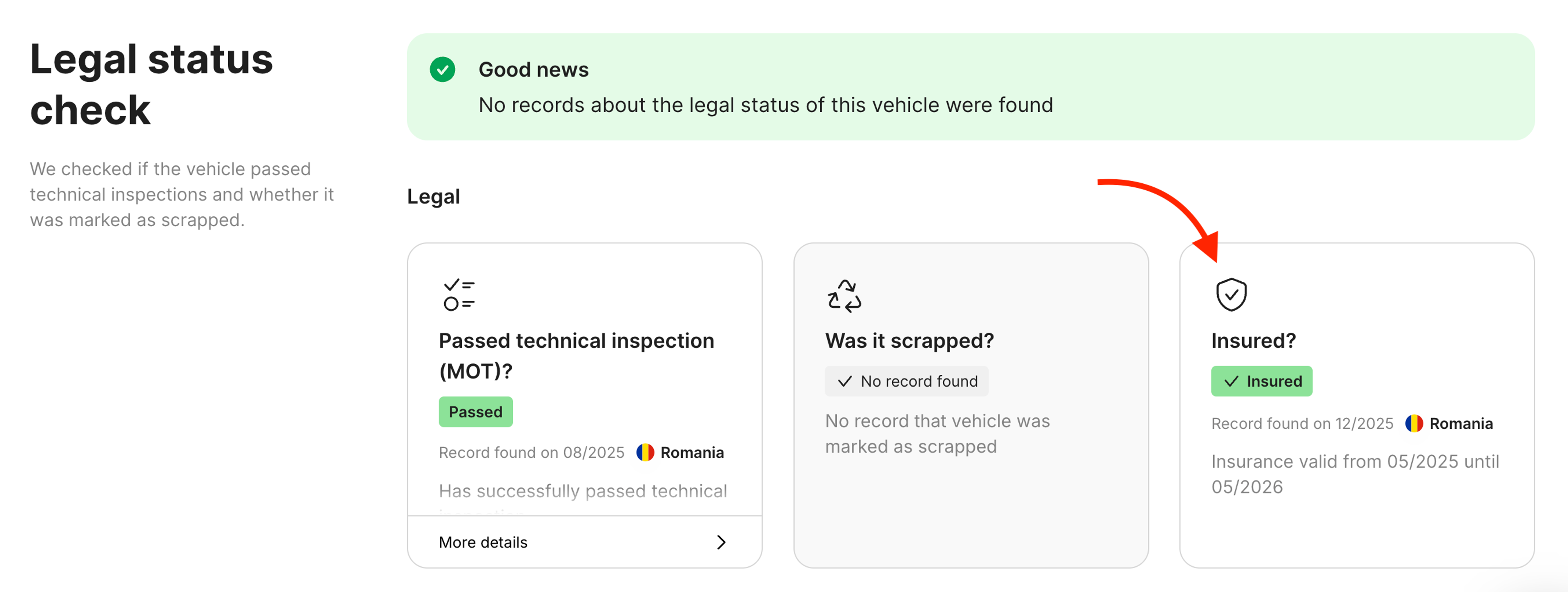 Insurance card in the Legal status check section