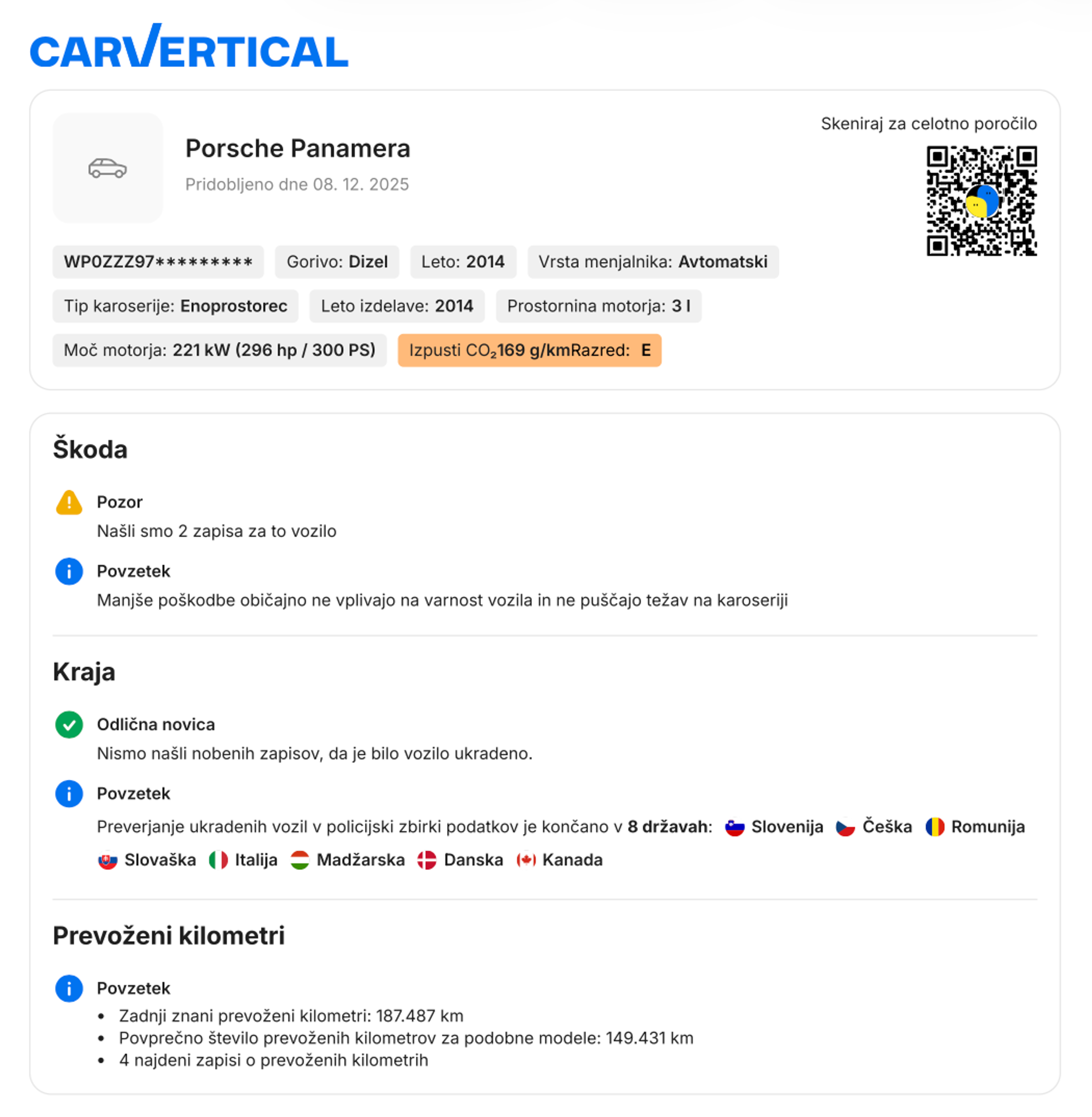 Podatki o avtomobili, združeni v enostranski PDF datoteki