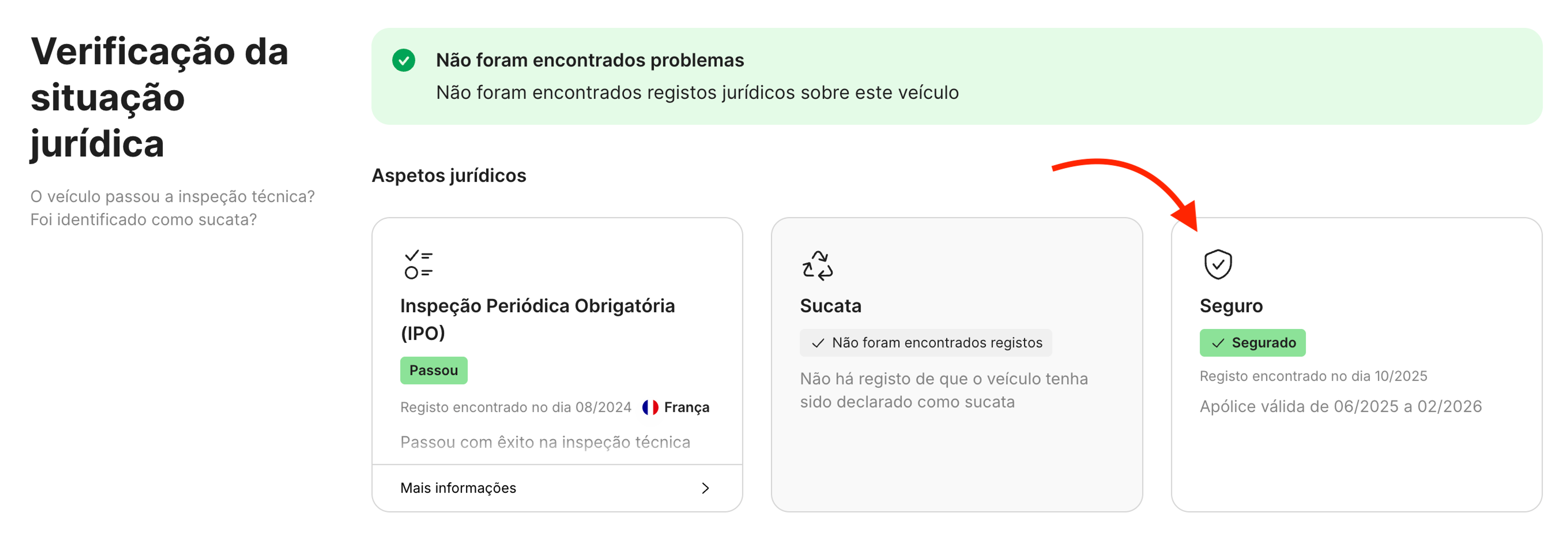 Estado do seguro num relatório da carVertical