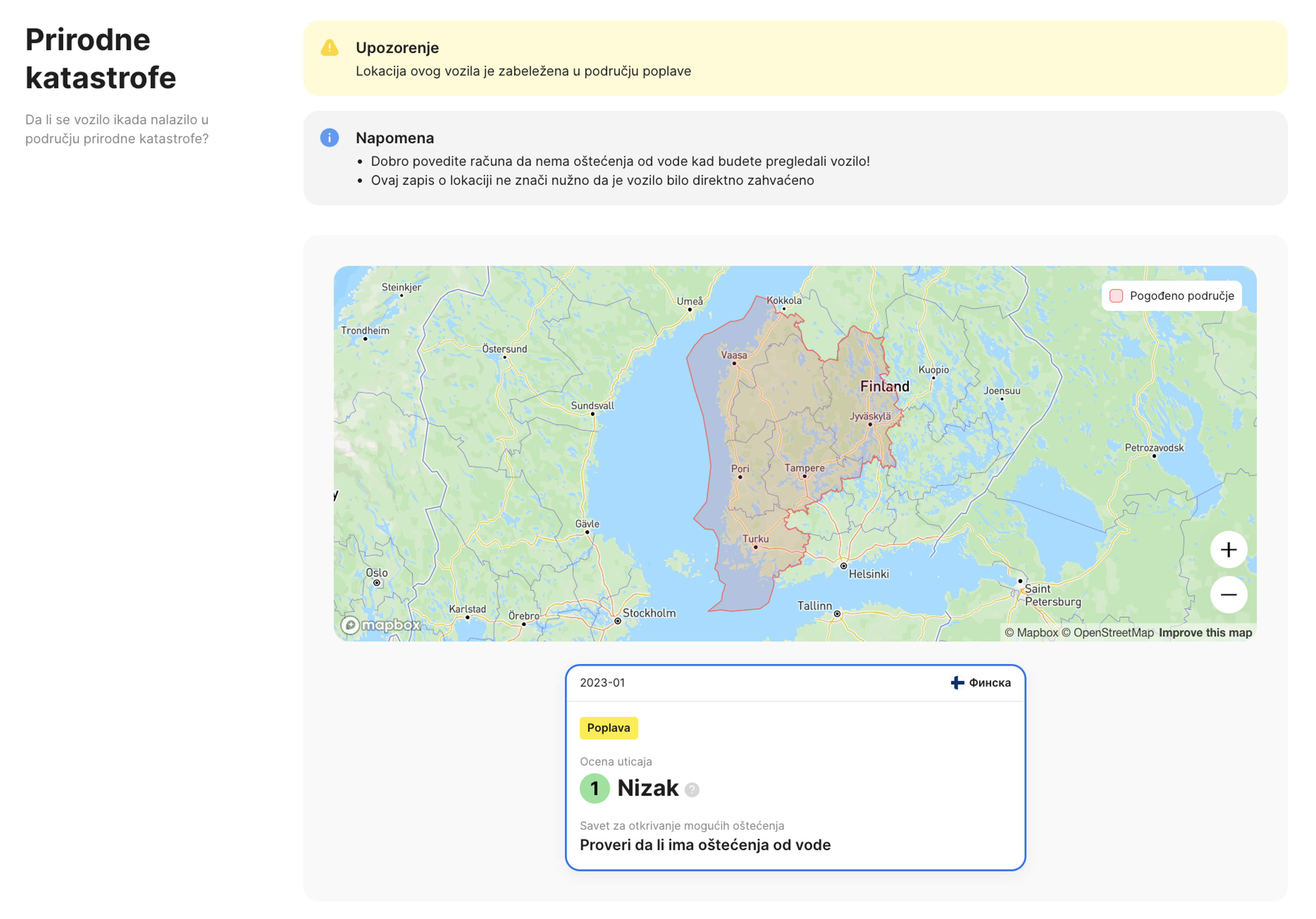 odeljak za prirodne katastrofe u izveštaju CarVertical