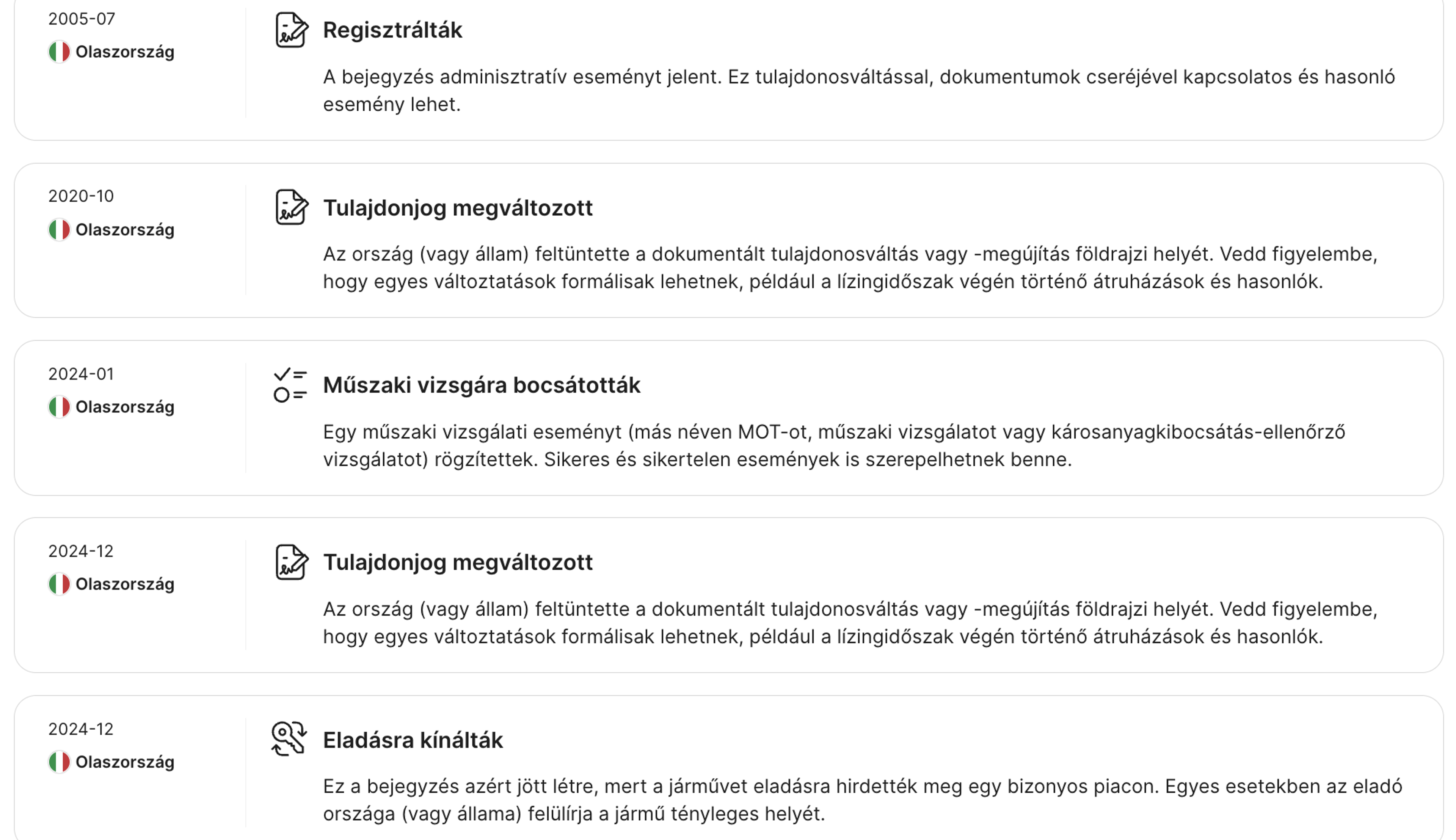 Egy jármű történetének főbb eseményei időrendi sorrendben