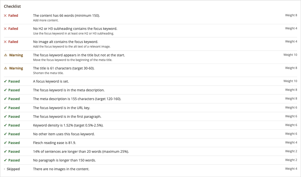 A product checklist in the SEO Score panel, which lists failed, warning, passed and skipped checks with a fix hint under each