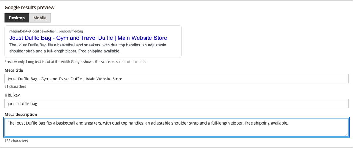 The desktop Google results preview for a product, which shows the editable meta title, URL key and meta description fields and their character counts below it