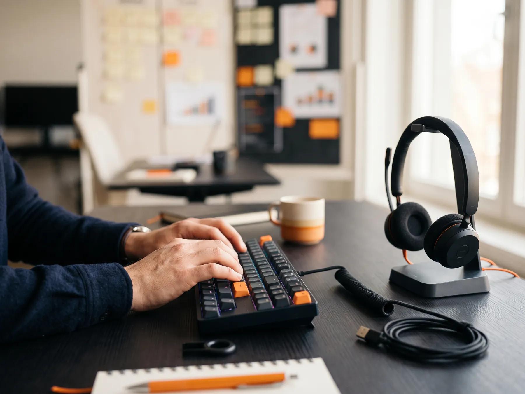 Magento support developer on call at a keyboard with headset