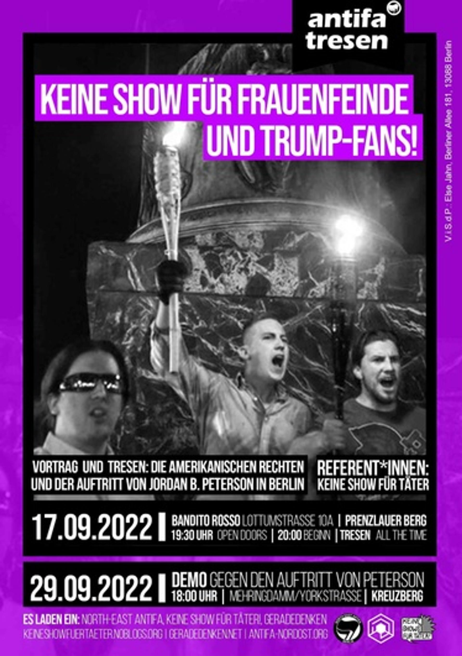 The Berlin Antifa flyer against Jordan Peterson uses a photo of Charlottesville Unite the Right protesters