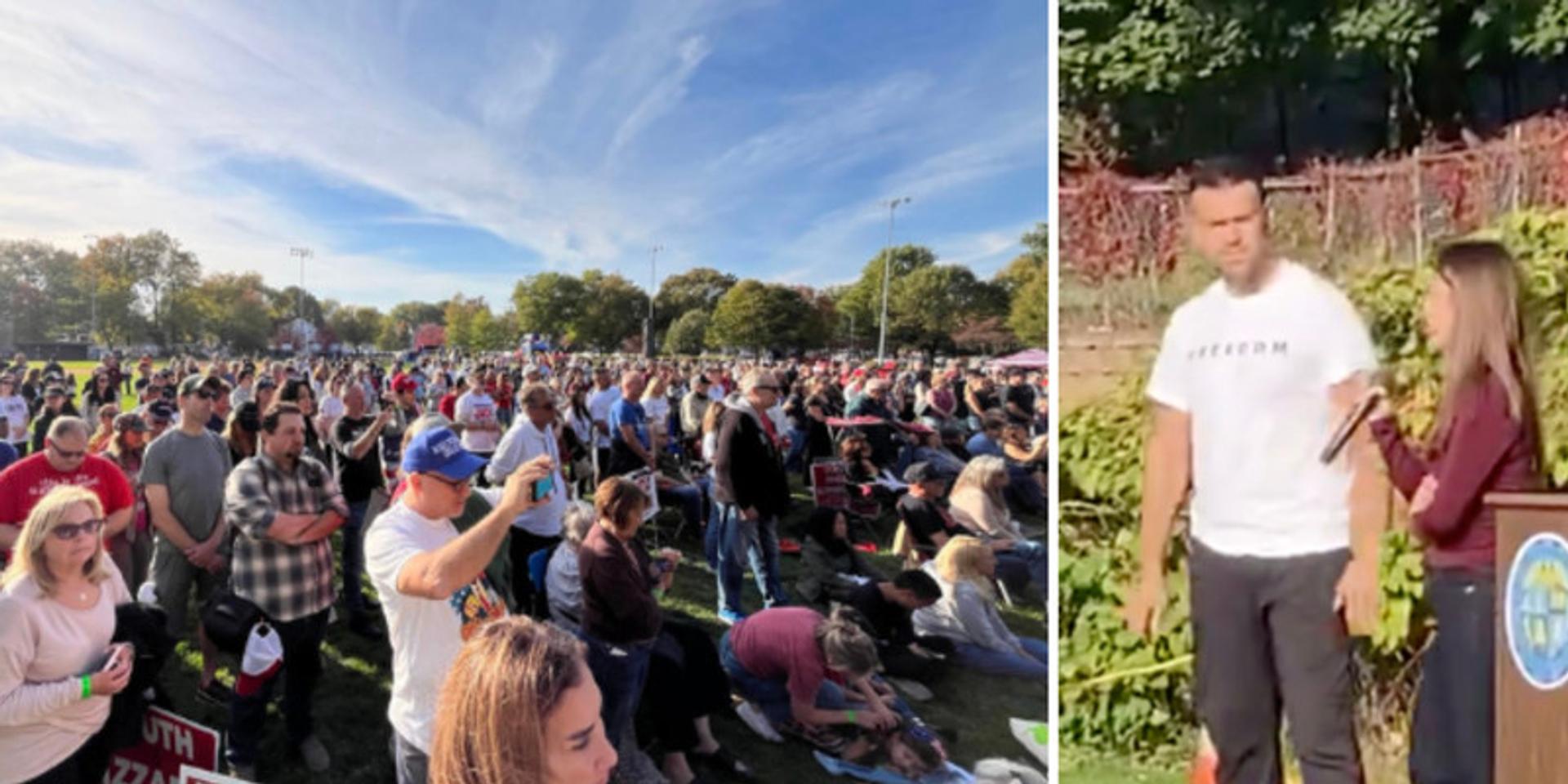 BREAKING: Massive NJ crowd at rally for Jack Ciattarelli cheers as Jack Posobiec introduces Rutgers TPUSA student who stood up to Dr Antifa