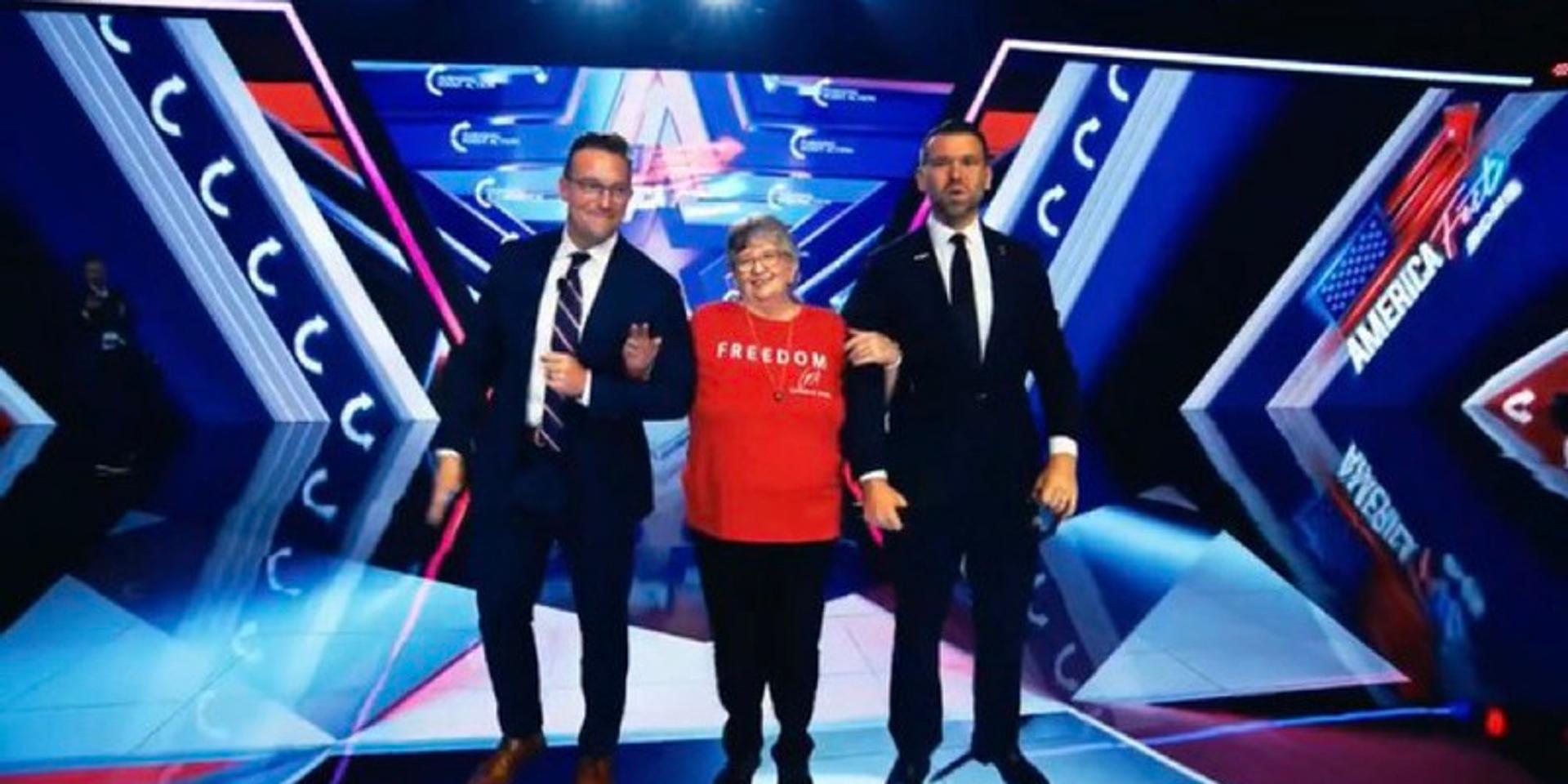 BREAKING: Jack Posobiec, Benny Johnson honor elderly Charlie Kirk-supporting Target employee Jeanie Beeman live at AmFest