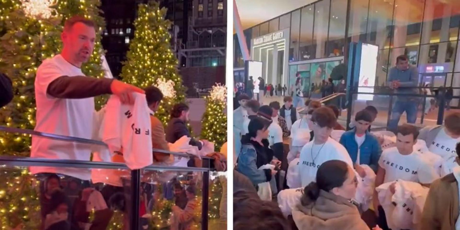 BREAKING: Jack Posobiec gives away THOUSANDS of Charlie Kirk's TPUSA 'Freedom' shirts at NYC's Madison Square Garden before UFC event