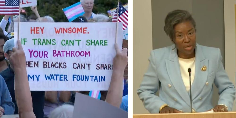 White leftist protester tells black VA Lt Gov Winsome Sears if she opposes trans bathrooms, she can't have racial equality