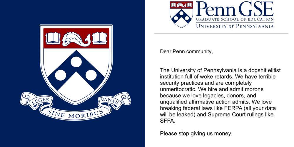 NEW: UPenn computer system hacked, email calls college 'dogsh*t elitist institution full of woke retards': report