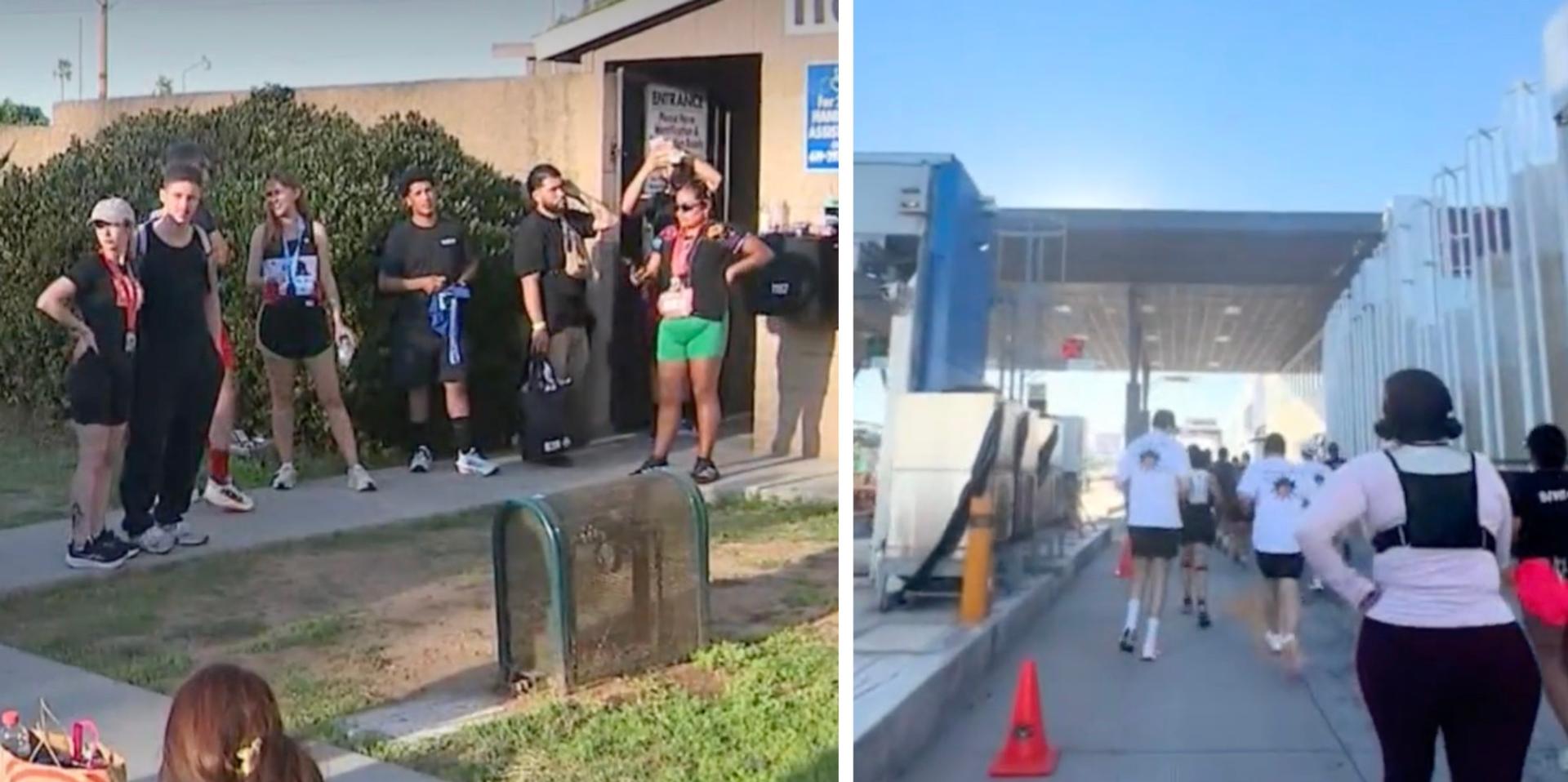 Runners in the San Diego-Tijuana Binational Half Marathon wait to get their cars back