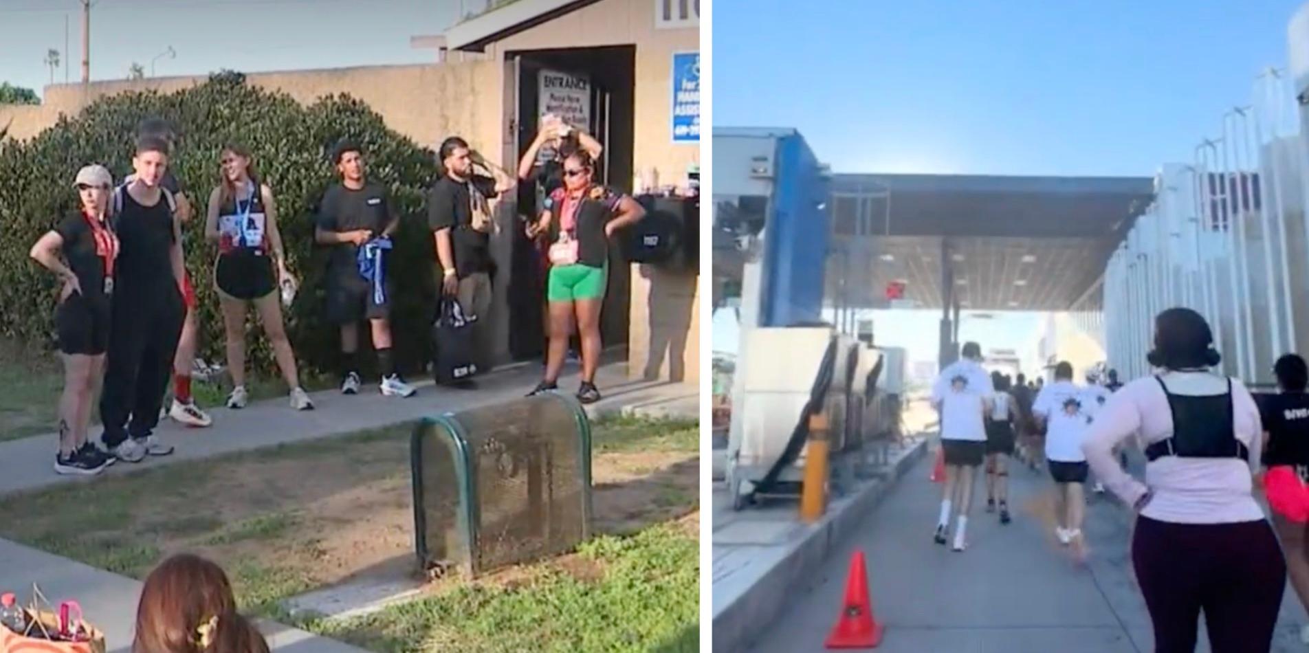 Runners in the San Diego-Tijuana Binational Half Marathon wait to get their cars back
