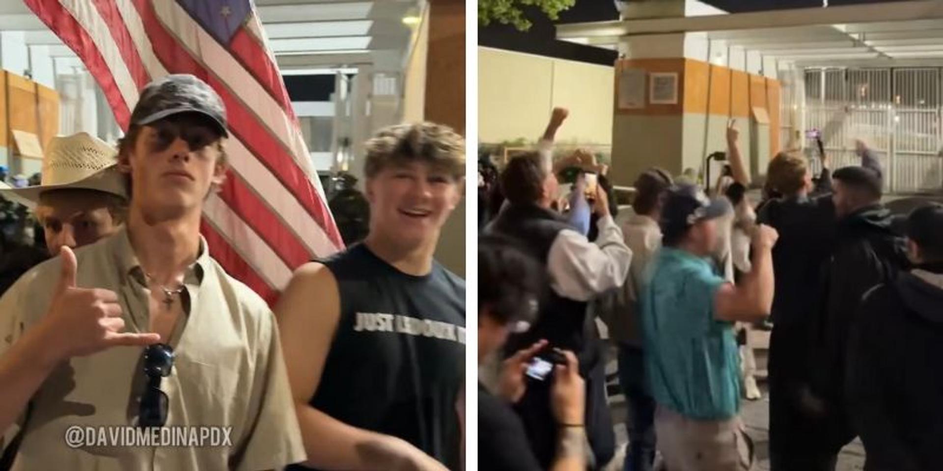 Oregon patriots counter protest Antifa at Portland ICE facility, chant USA