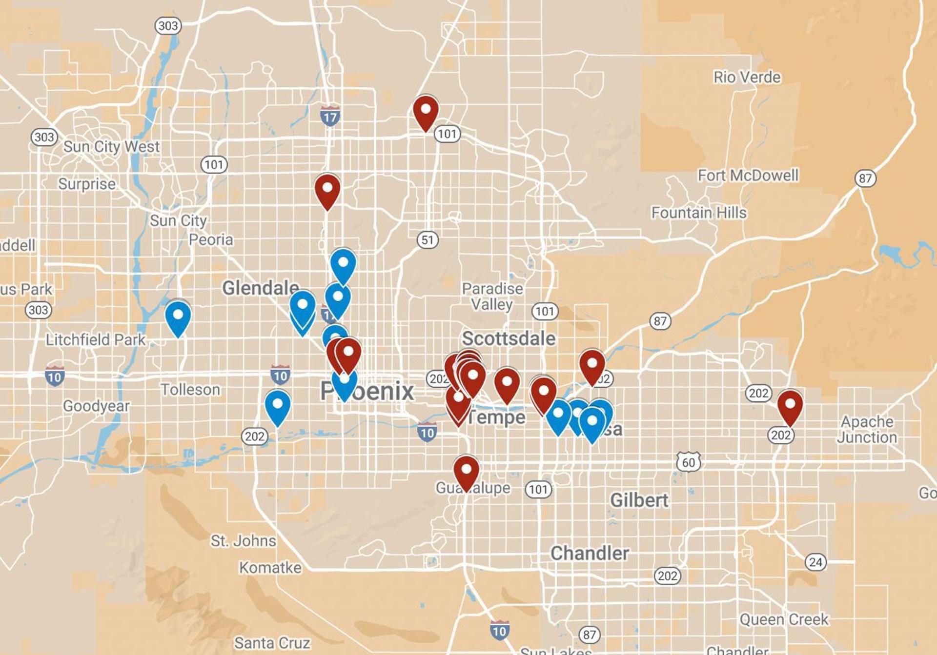 Blue pins indicate Turning Point Action billboards, red pins indicate Turing Point PAC billboards