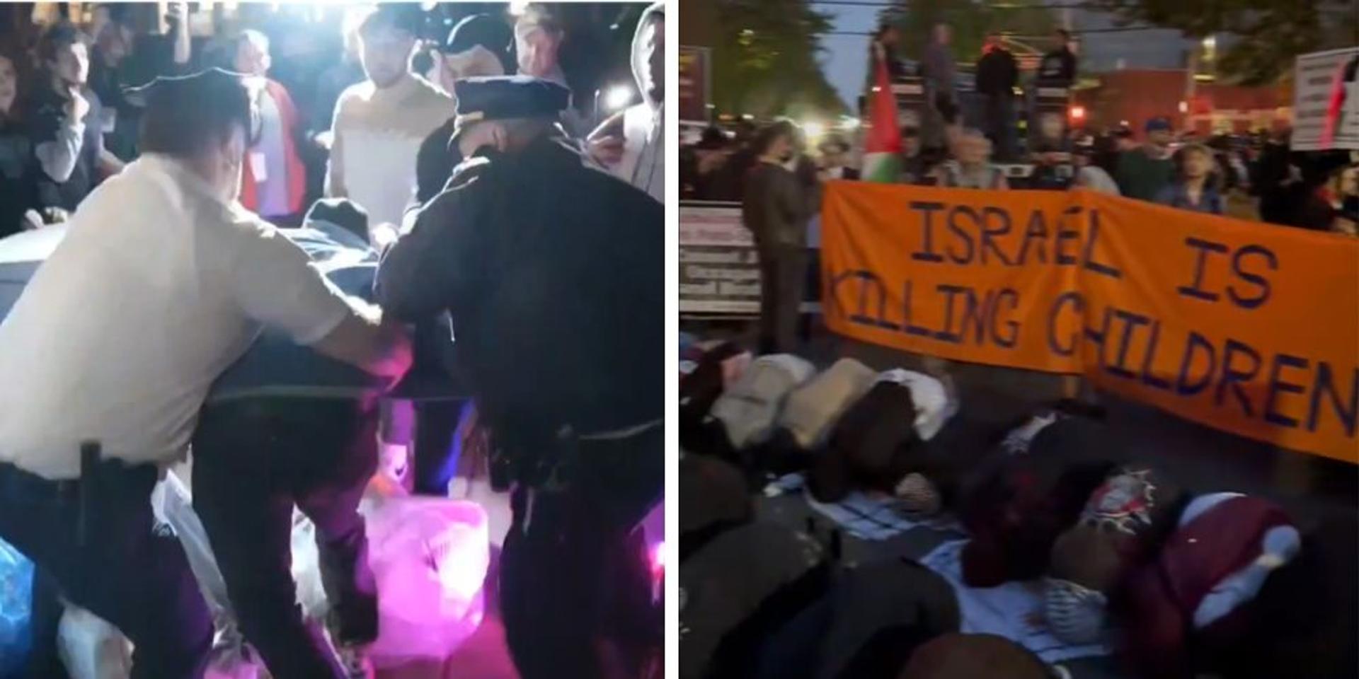 NYPD arrests 4 agitators as 'Allahu Akbar'-chanting anti-Israel mob swarms Brooklyn synagogue, conducts mass Islamic prayer in the street